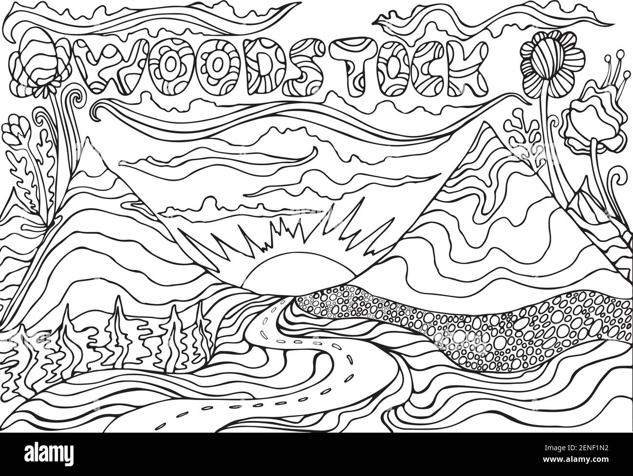 Pagina da colorare con l'iscrizione Woodstock, e paesaggio con montagne, il sole e la strada che va al tramonto. Illustrazione vettoriale disegnata a mano Illustrazione Vettoriale
