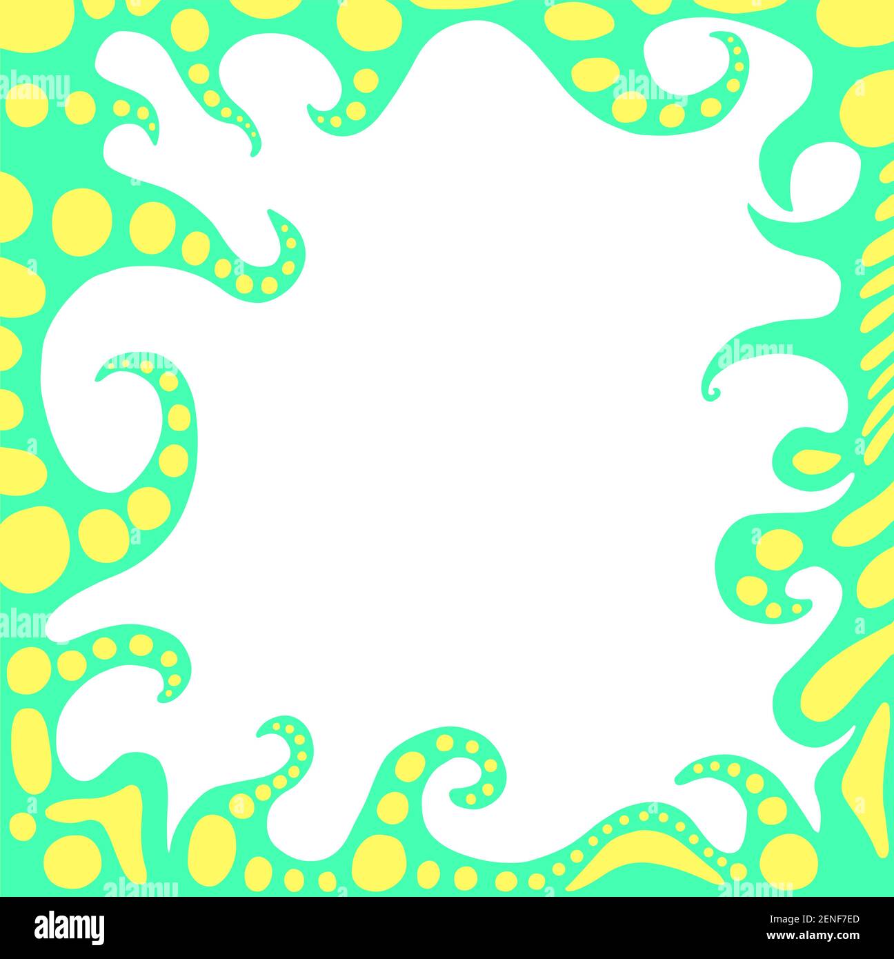 Colorata cornice fantasy astratta con tentacoli di mostri alieni, colore turchese, con ventose gialle. Scheda vettoriale disegnata a mano, con posizione per il testo. Illustrazione Vettoriale