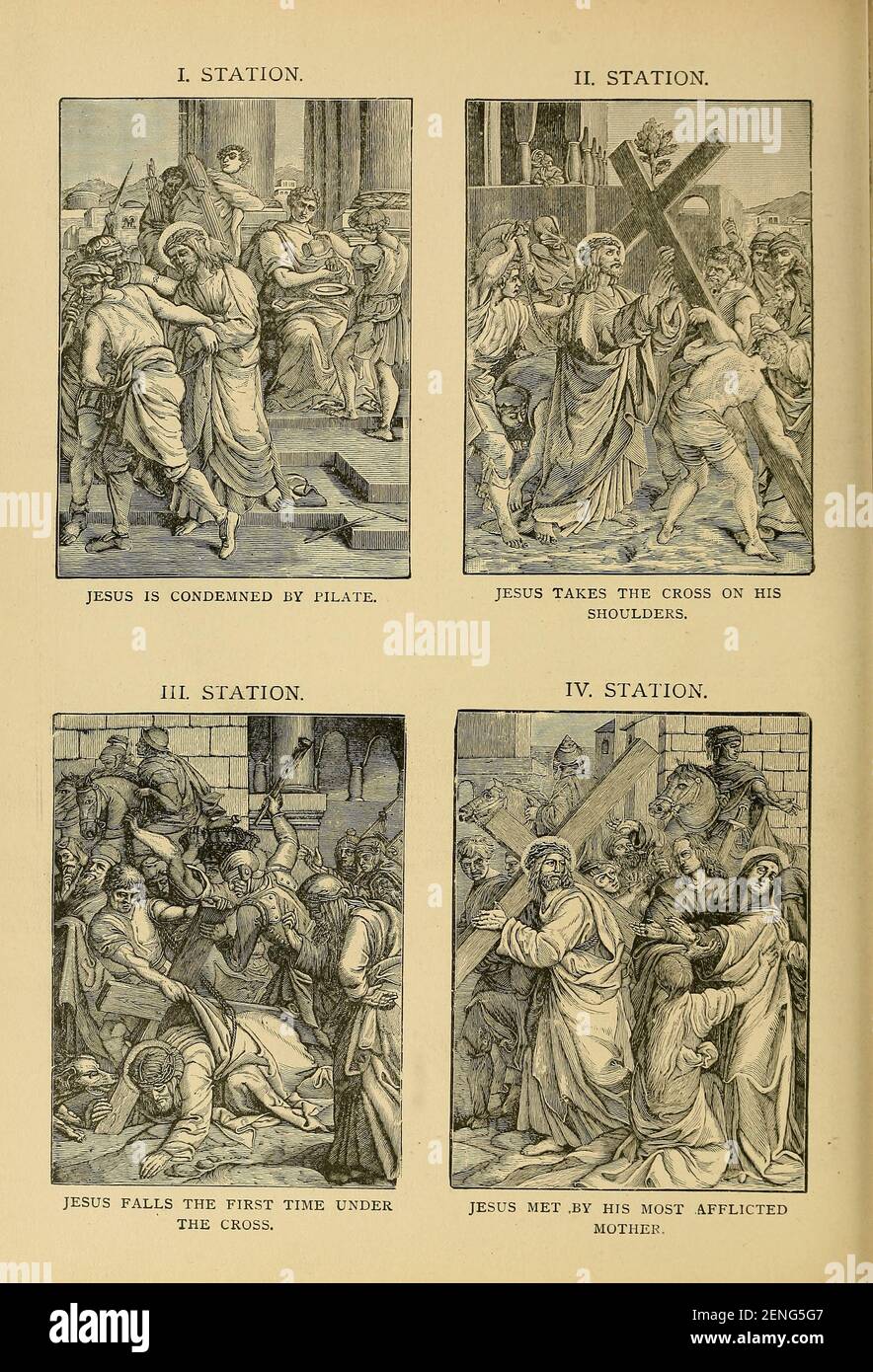 Stazioni della Croce della ' biblioteca pittorica cattolica ' contenente sette volumi in uno: Storia della Vergine Santa -- colomba del tabernacolo -- Storia cattolica -- apparizione della Vergine Santa -- indice cronologico -- lettere pastorali della terza Plenaria. Consiglio -- un cappelletto di versi -- inni cattolici pubblicati a New York da Murphy & McCarthy in 1887 Foto Stock