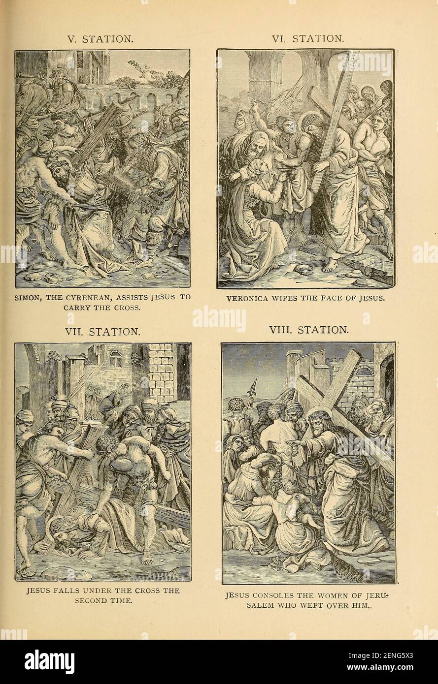 Stazioni della Croce della ' biblioteca pittorica cattolica ' contenente sette volumi in uno: Storia della Vergine Santa -- colomba del tabernacolo -- Storia cattolica -- apparizione della Vergine Santa -- indice cronologico -- lettere pastorali della terza Plenaria. Consiglio -- un cappelletto di versi -- inni cattolici pubblicati a New York da Murphy & McCarthy in 1887 Foto Stock