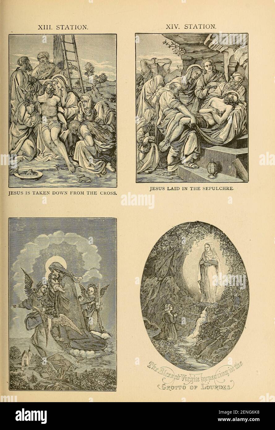 Stazioni della Croce della ' biblioteca pittorica cattolica ' contenente sette volumi in uno: Storia della Vergine Santa -- colomba del tabernacolo -- Storia cattolica -- apparizione della Vergine Santa -- indice cronologico -- lettere pastorali della terza Plenaria. Consiglio -- un cappelletto di versi -- inni cattolici pubblicati a New York da Murphy & McCarthy in 1887 Foto Stock