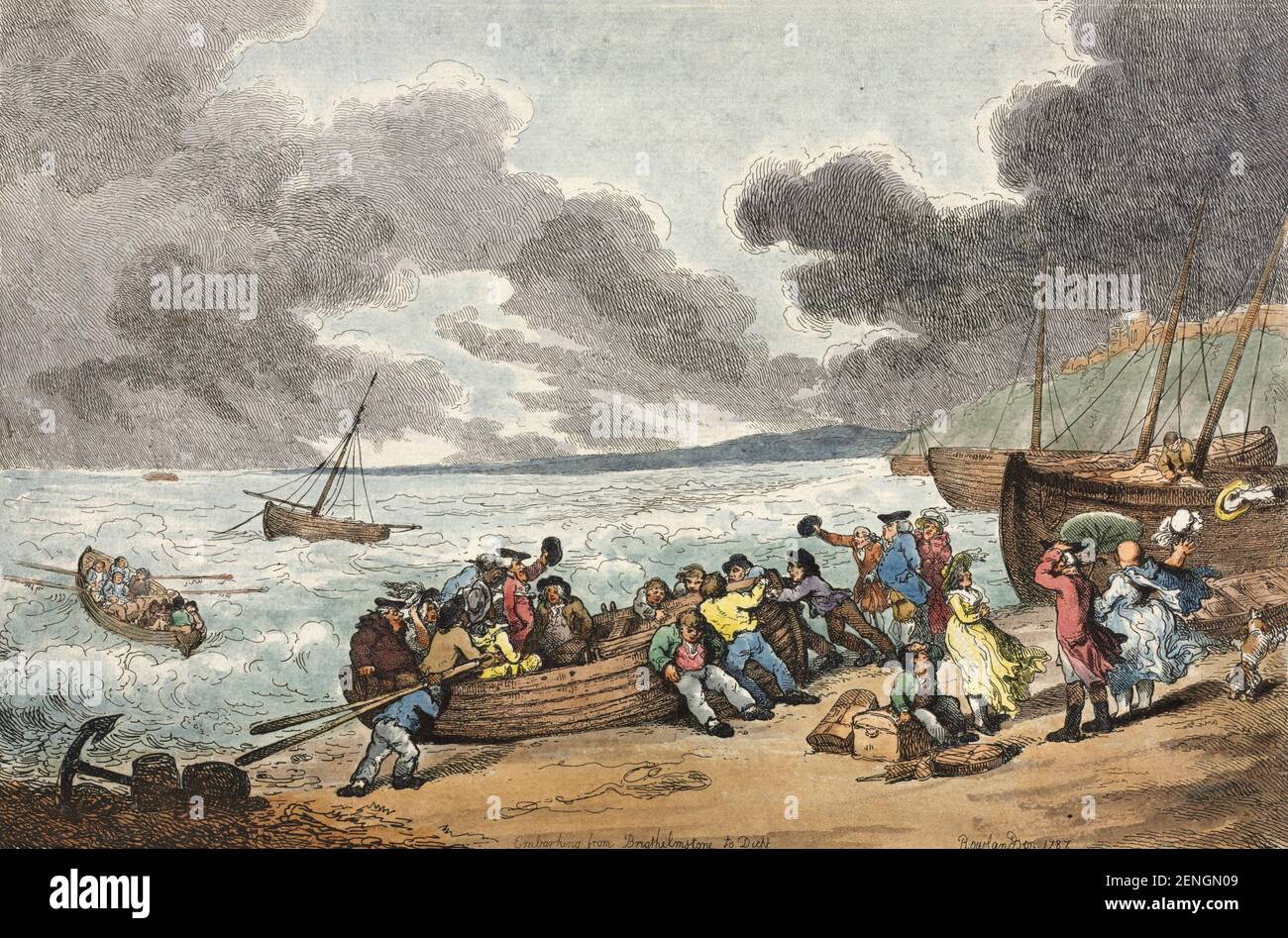 Imbarco da Brighthelmstone a Dieppe 1787 Thomas Rowlandson (inglese, 1756-1827) Inghilterra, 18 ° secolo incisione, colorato a mano Foto Stock