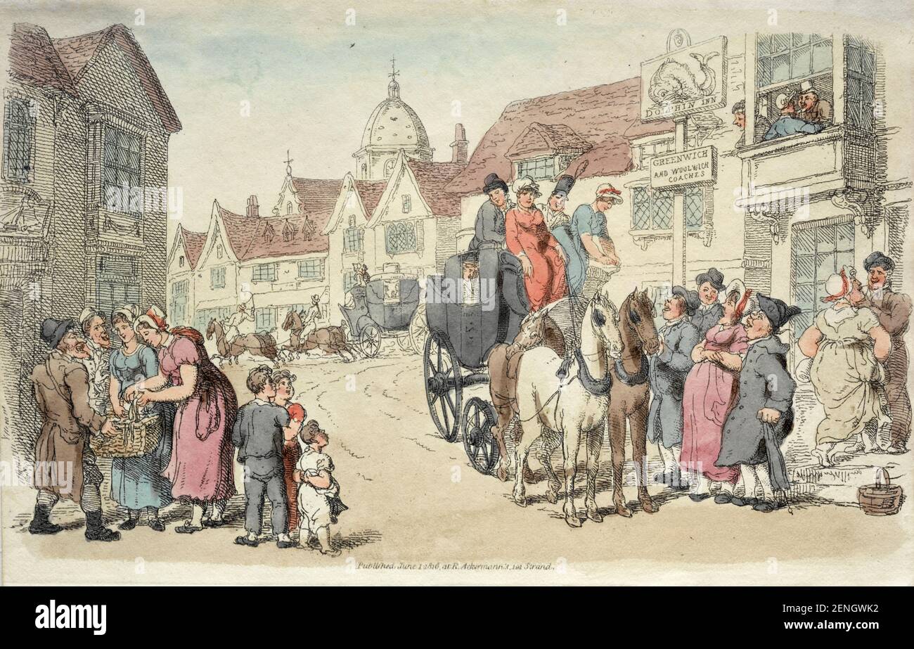 Dolphins Inn: Greenwich e Woolwich Coaches 1816 Thomas Rowlandson (inglese, 1756-1827) Inghilterra, 19 ° secolo Foto Stock