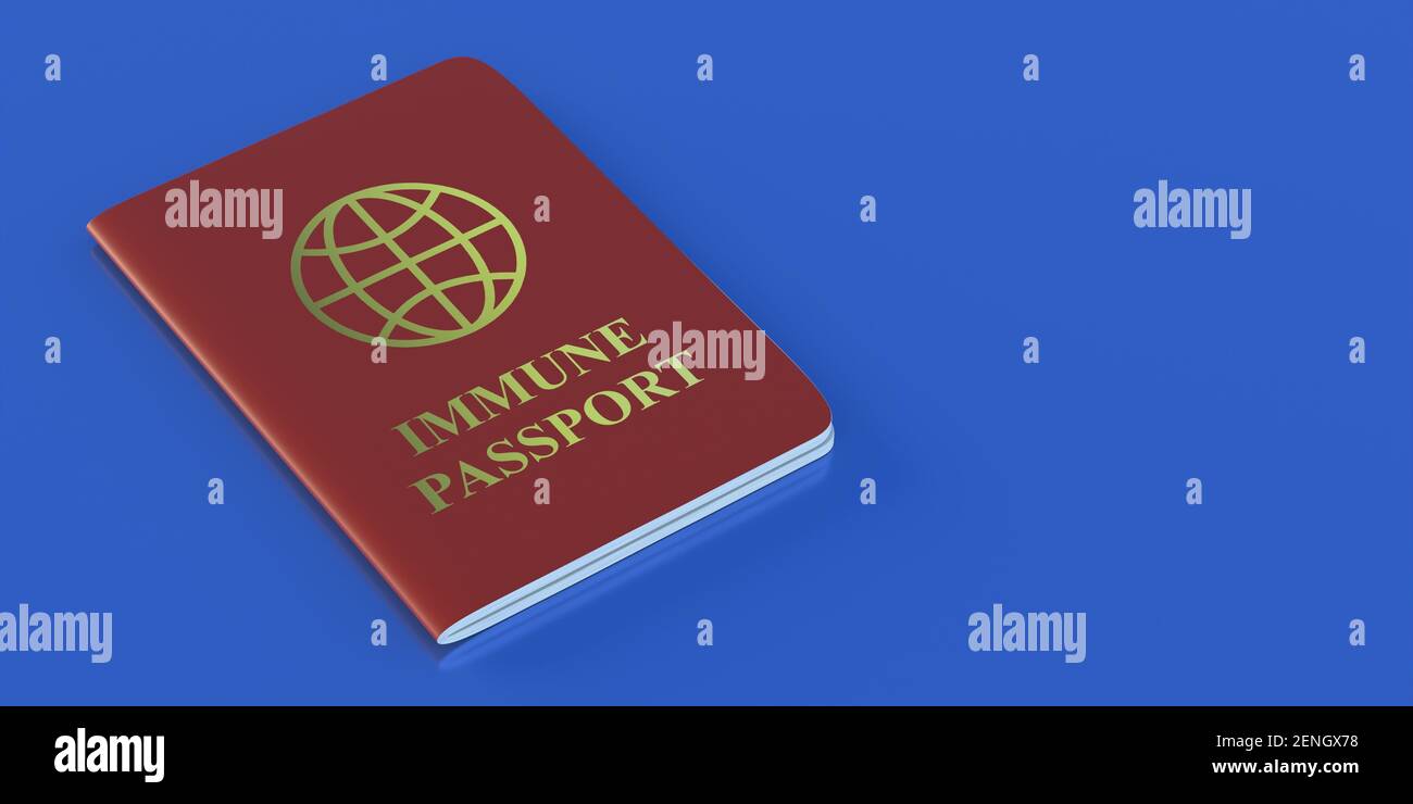 Passaporto dell'immunità, coronavirus e documento di viaggio turistico immune di colore rosso su sfondo blu, spazio di copia. Controllo di frontiera, cocid19 concep di vaccinazione Foto Stock