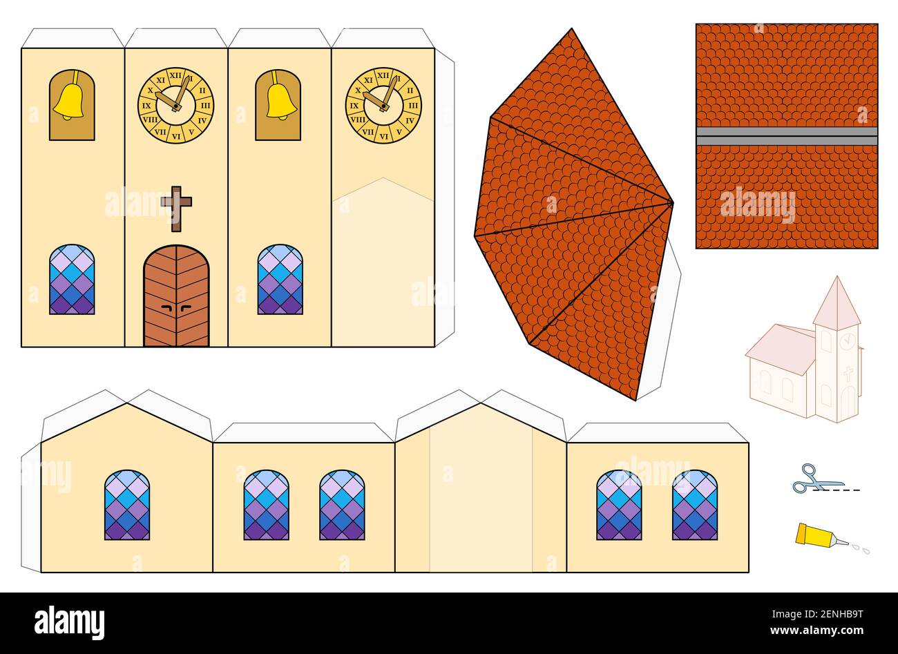Modello della Chiesa, modello di artigianato della carta. Foglio ritagliato per la realizzazione di una semplice chiesa modello in scala 3d con finestre colorate, campanile, orologio a torre e timoni. Foto Stock