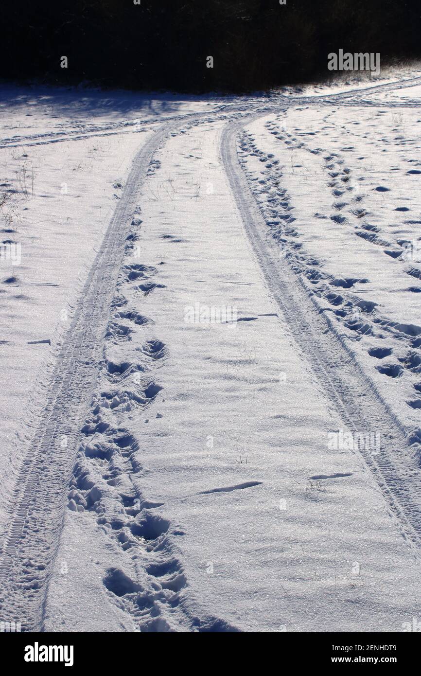 In inverno, attraversare un trattore in un campo Foto Stock