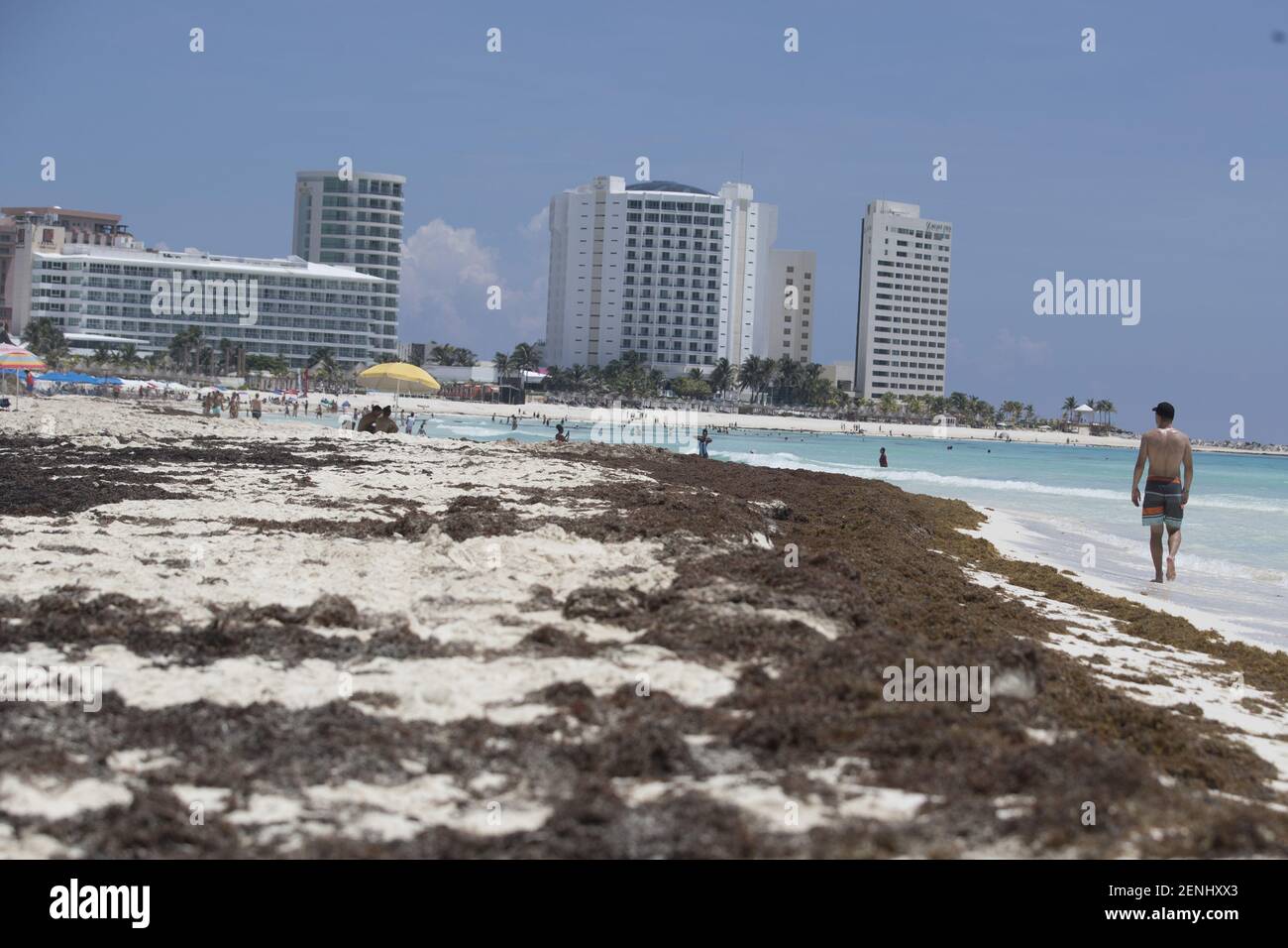 CANCUN, MESSICO - AGOSTO 24: I turisti sono visti sulla spiaggia  contaminata da sargassum, un problema ambientale che ha fatto  l'inquinamento delle spiagge dei Caraibi messicani avviso il 24 agosto 2019  a