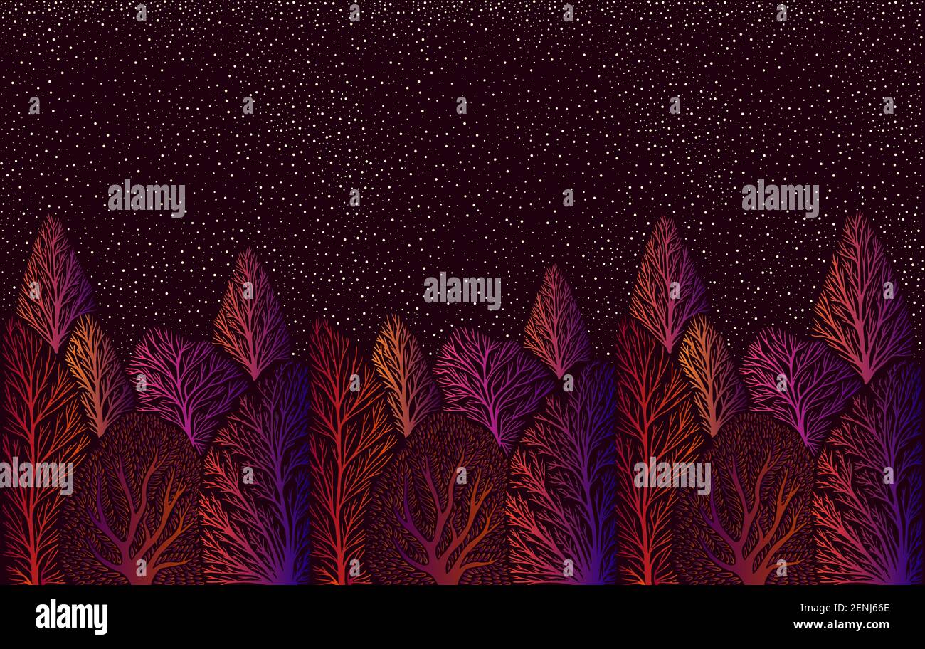 Psychedelic surreale paesaggio colorato con foresta e notte stelle cielo, alberi luminoso arancio rosa purpule colore gradiente. Vettore mano disegnata fantasia malato Illustrazione Vettoriale