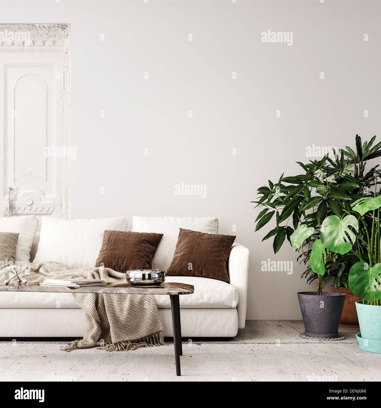 Interni dal design moderno con pareti bianche vuote e pareti in mock-up e piante decorative per la casa rendering 3D, illustrazione 3D Foto Stock