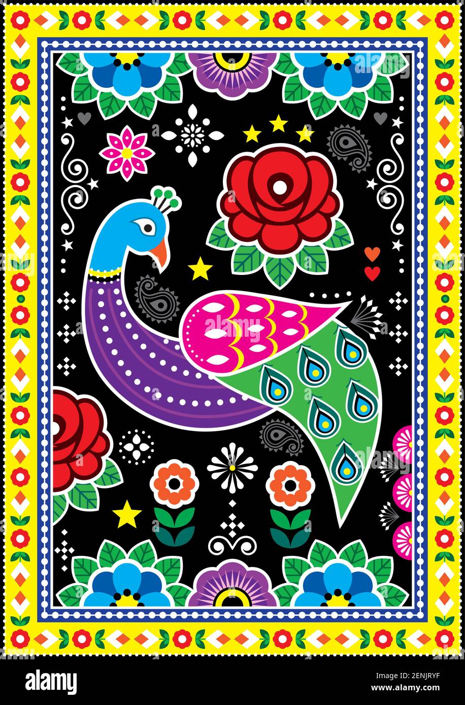 Disegno vettoriale d'arte pakistana e indiana con rose pavoks, motivo floreale vivace poster decorativo Illustrazione Vettoriale