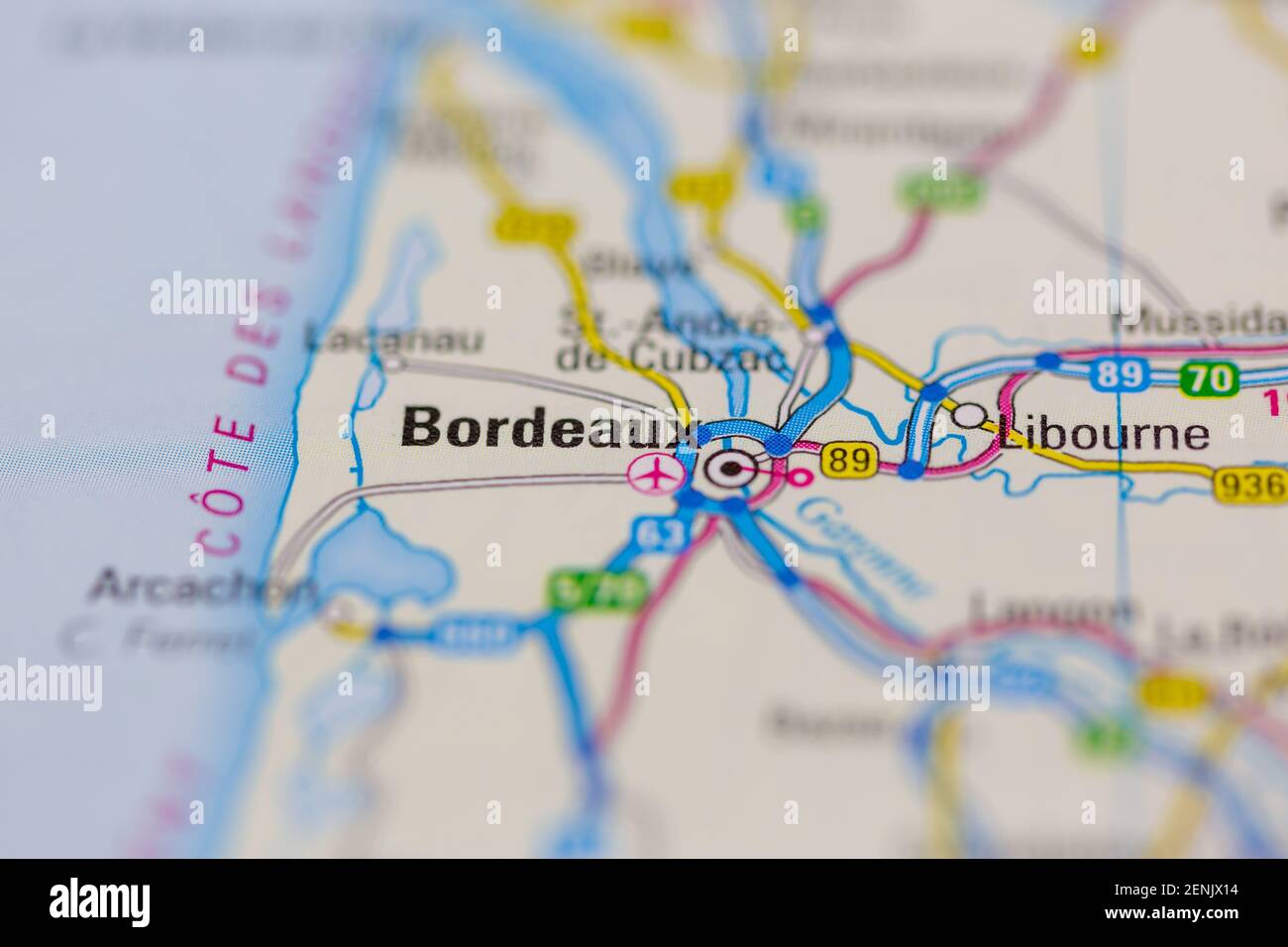 Bordeaux visualizzato su una mappa stradale o su una mappa geografica Foto Stock