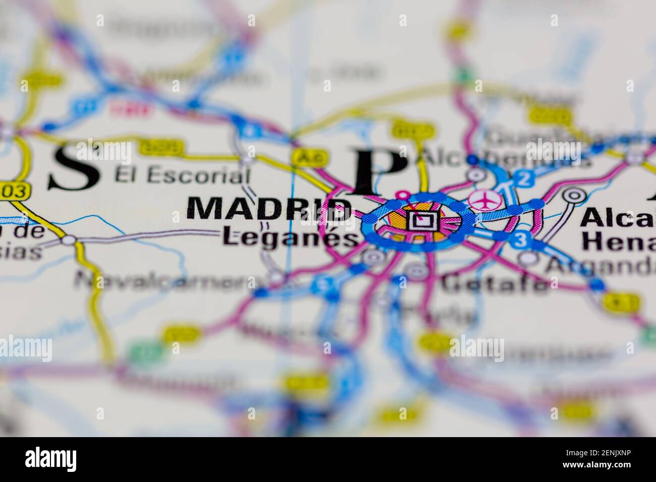 Madrid visualizzata su una mappa stradale o su una mappa geografica Foto Stock