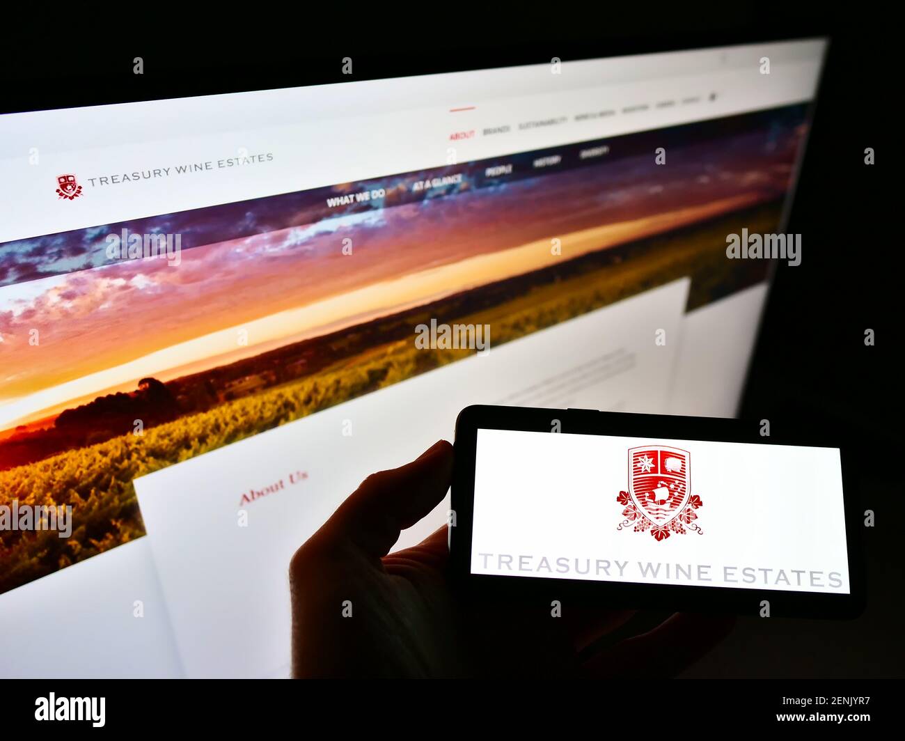 Persona che detiene smartphone con il logo della società vinicola australiana Treasury Wine Estates sullo schermo di fronte al sito web. Mettere a fuoco il display del telefono. Foto Stock