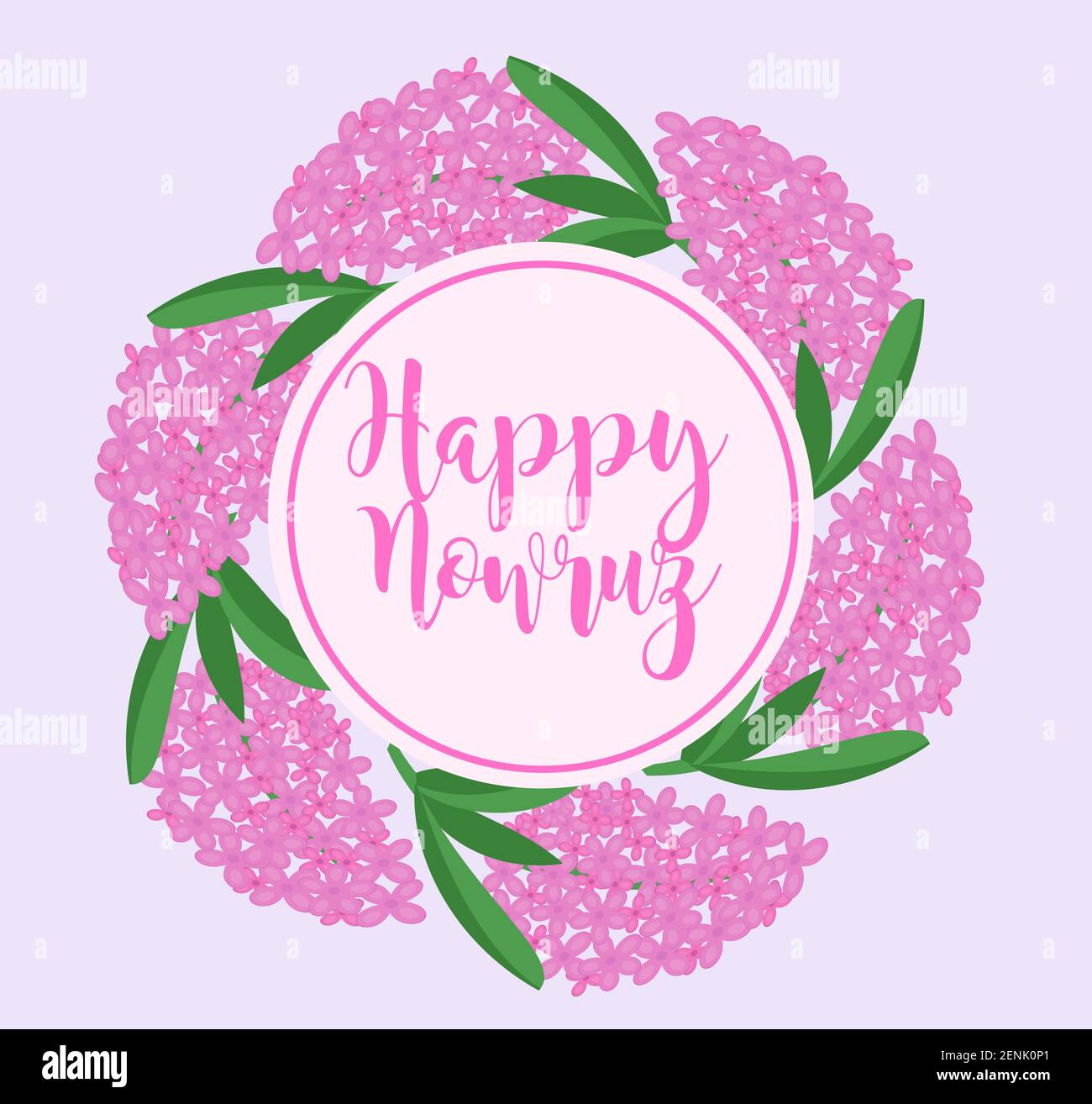 Happy Nowruz giorno biglietto d'auguri con lilla, telaio di fiori di giacinto, modello per il tuo design. Capodanno in Iran. Illustrazione vettoriale Illustrazione Vettoriale