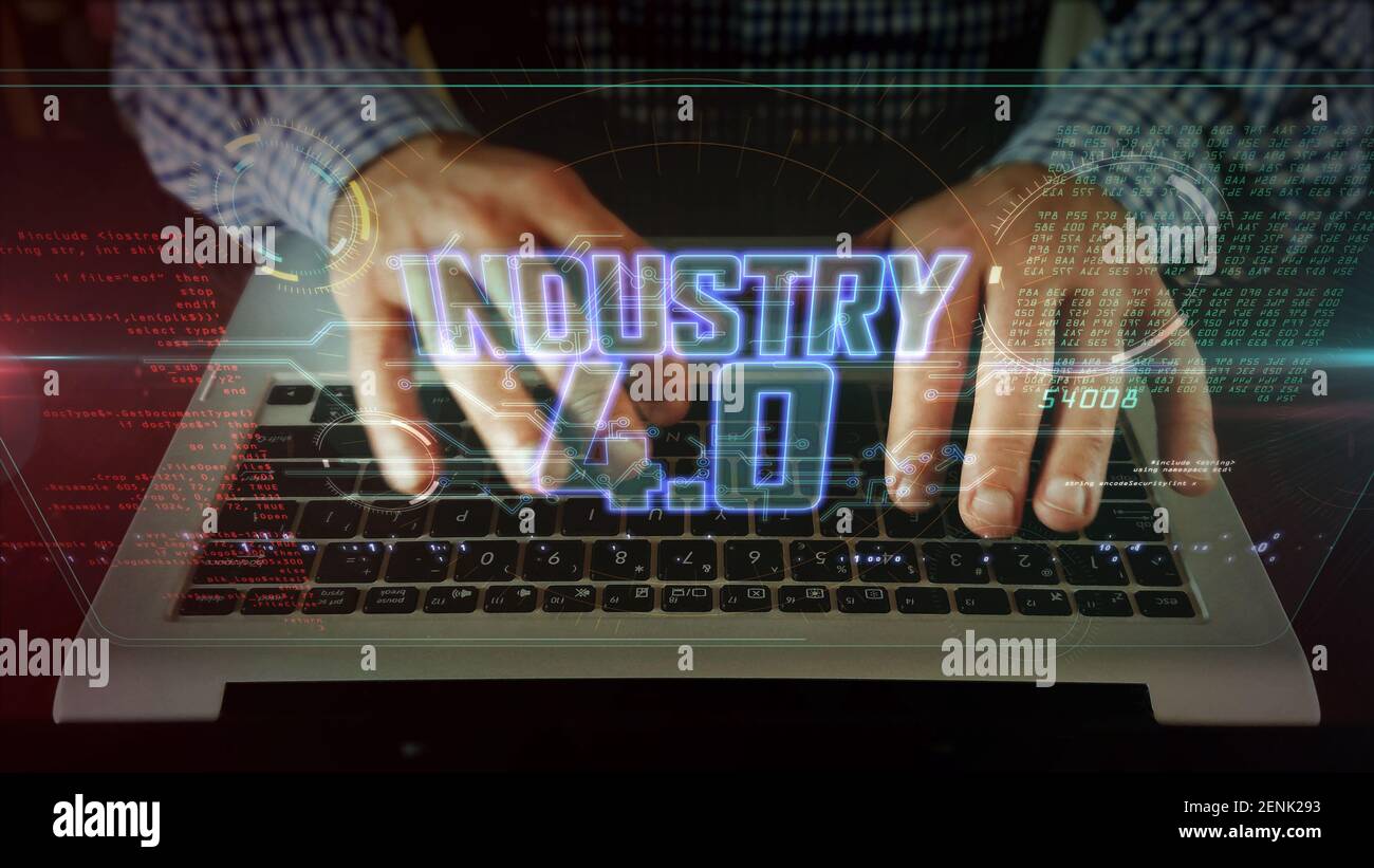 Industry 4.0 Concept, intelligenza artificiale, robotica e fabbrica moderna. Illustrazione del rendering 3d astratto futuristico. Foto Stock
