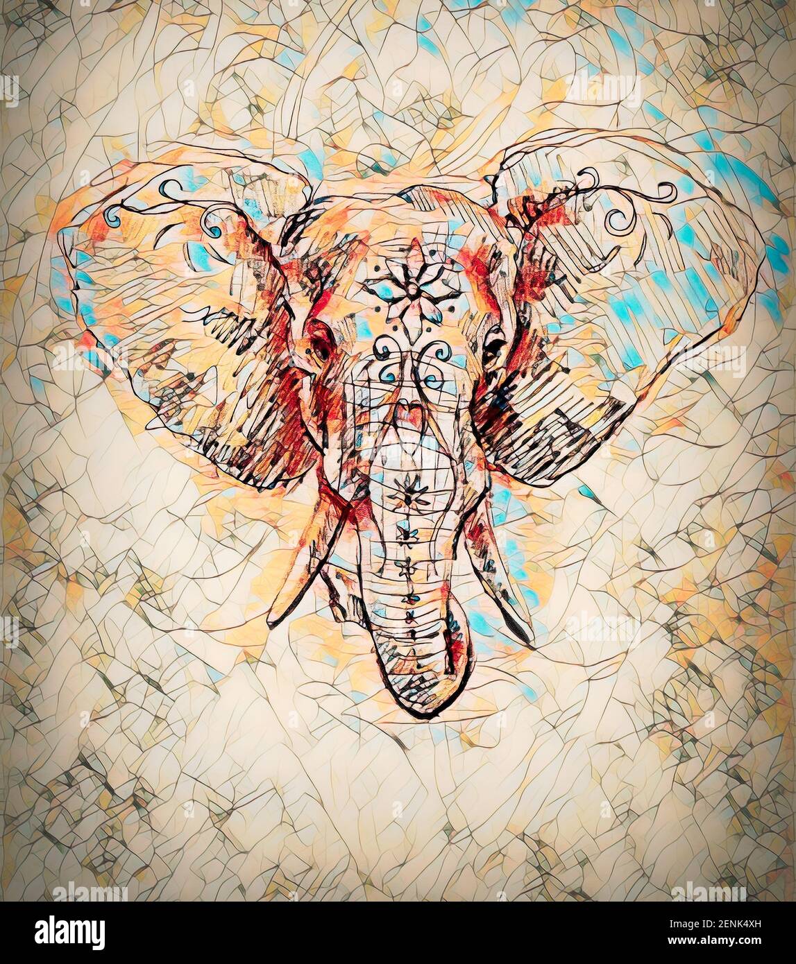 Elephant con ornamenti floreali, disegno a matita su carta. Effetto colore e Computer collage. Foto Stock