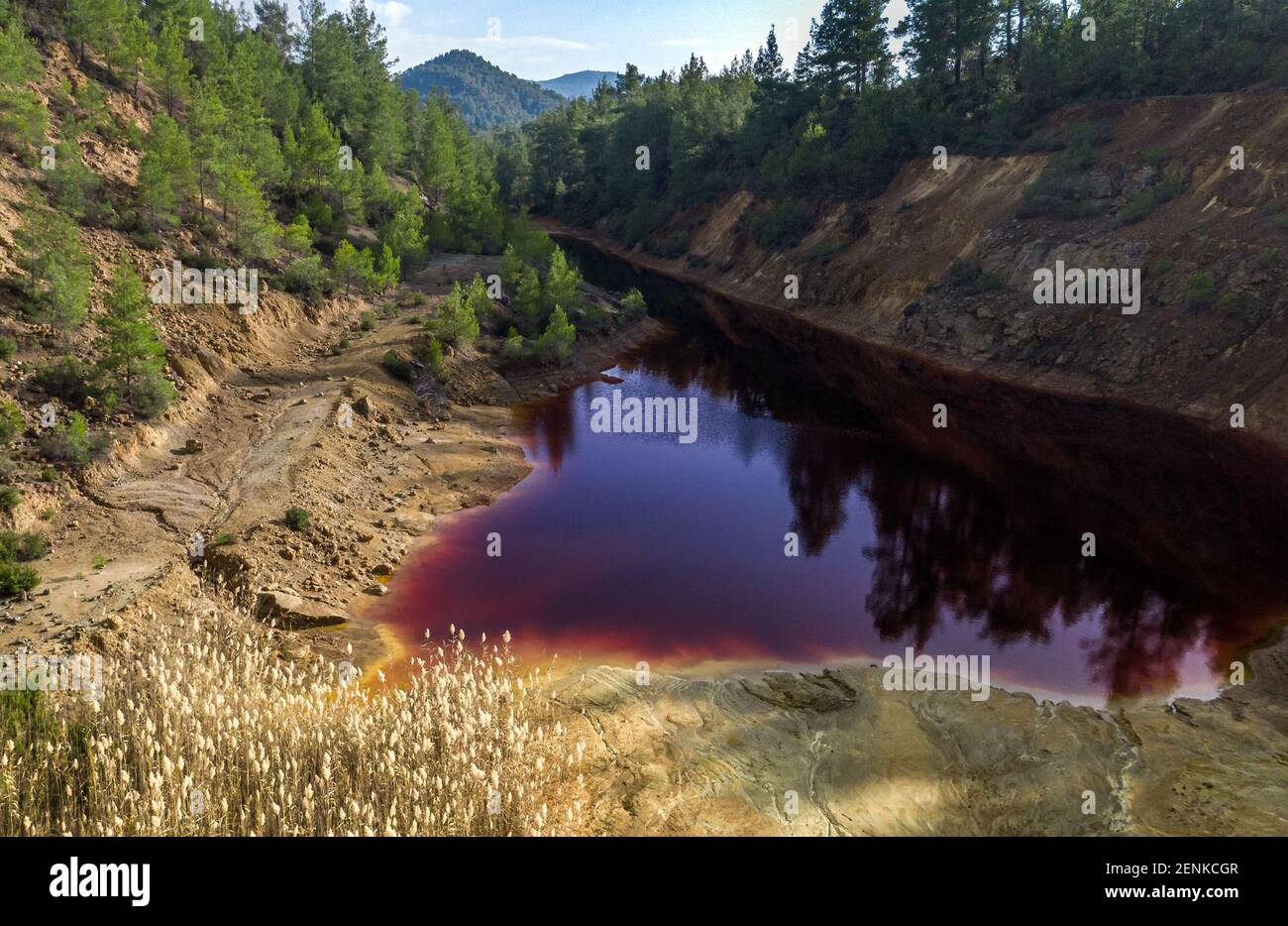 Lago rosso acido nella miniera a cielo aperto abbandonata in una foresta, risultato dell'estrazione del minerale di pirite nella zona Foto Stock