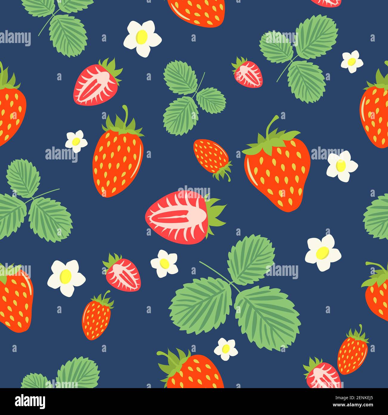 Motivo senza cuciture di frutti di bosco maturi, fragole con fiori e foglie, design per tessuti, poster, etichette. Illustrazione Vettoriale