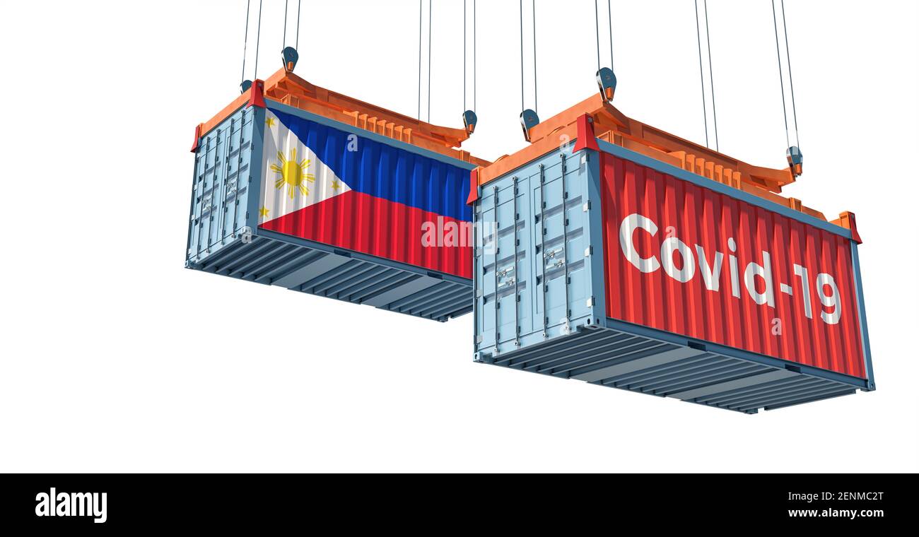Contenitore con testo Coronavirus Covid-19 sul lato e contenitore con bandiera Filippine. Distribuzione del vaccino. Rendering 3D Foto Stock