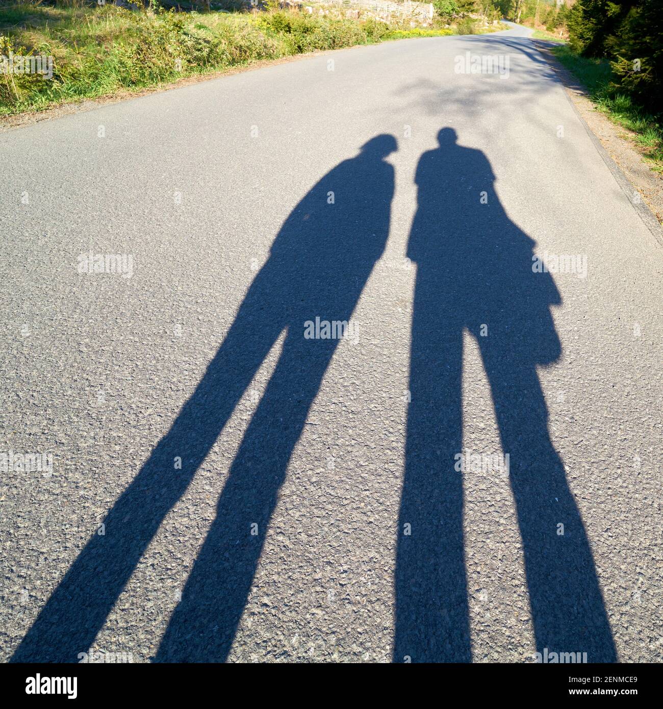 Ombra di due persone sulla strada Brocken nel Nationalpak Harz vicino a Schierke Foto Stock