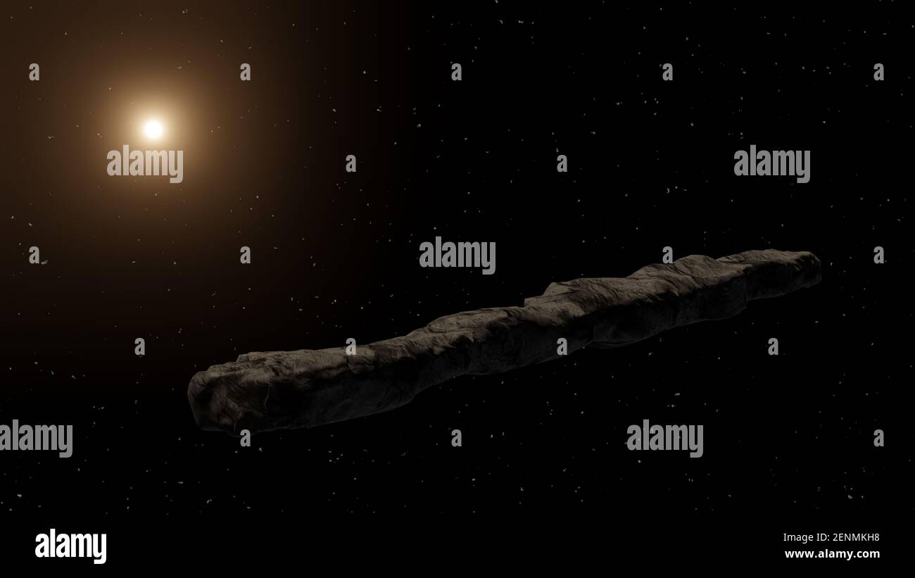 Oggetto interstellare che passa attraverso il sistema solare chiamato cometa di Oumuamua. Rendering 3D Foto Stock