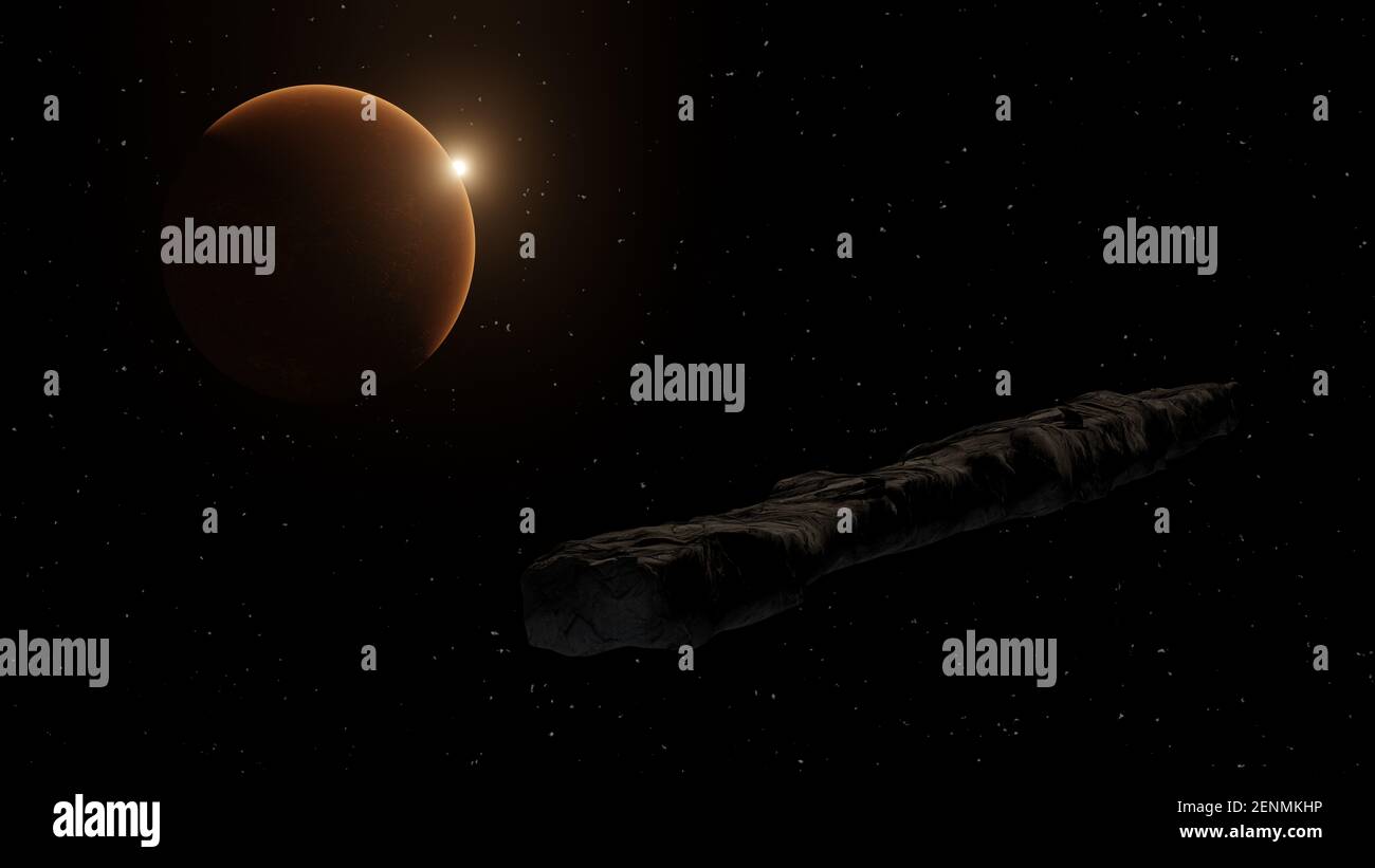 Oggetto interstellare che passa attraverso il sistema solare chiamato cometa di Oumuamua. Rendering 3D Foto Stock