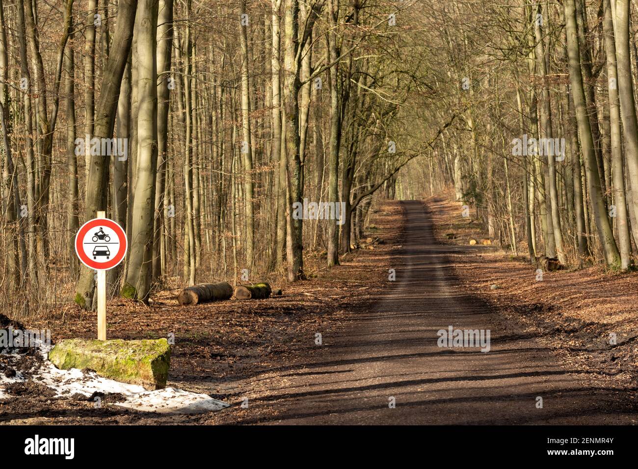 Strada forestale in germania con un cartello di non passaggio Foto Stock