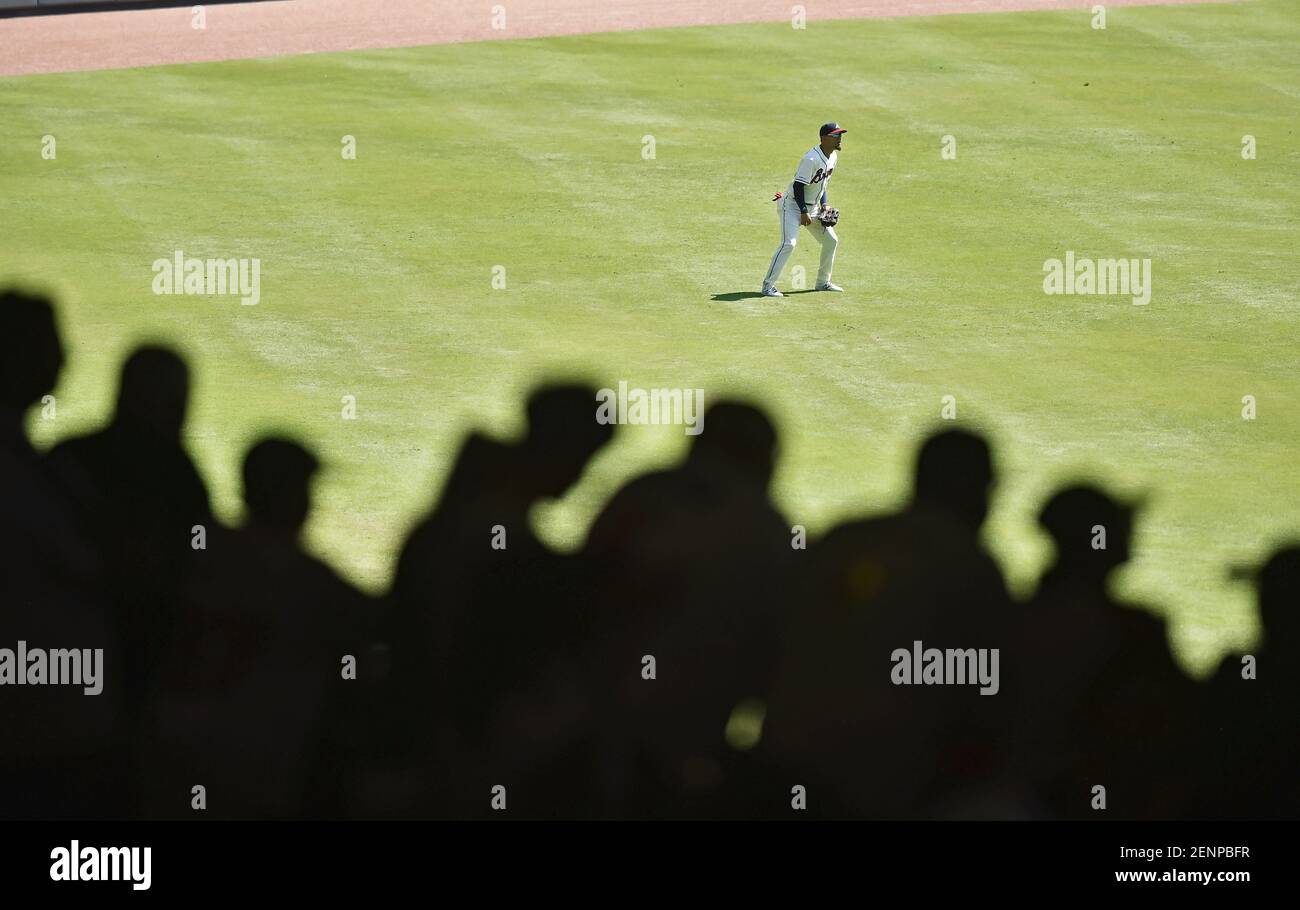 08 settembre 2019: L'outfielder di Atlanta Braves Rafael Ortega attende un piazzamento durante il settimo assalto di una partita di MLB contro i Washington Nationals al SunTrust Park di Atlanta, Georgia. Austin McAfee/(Foto di Austin McAfee/CSM/Sipa USA) Foto Stock