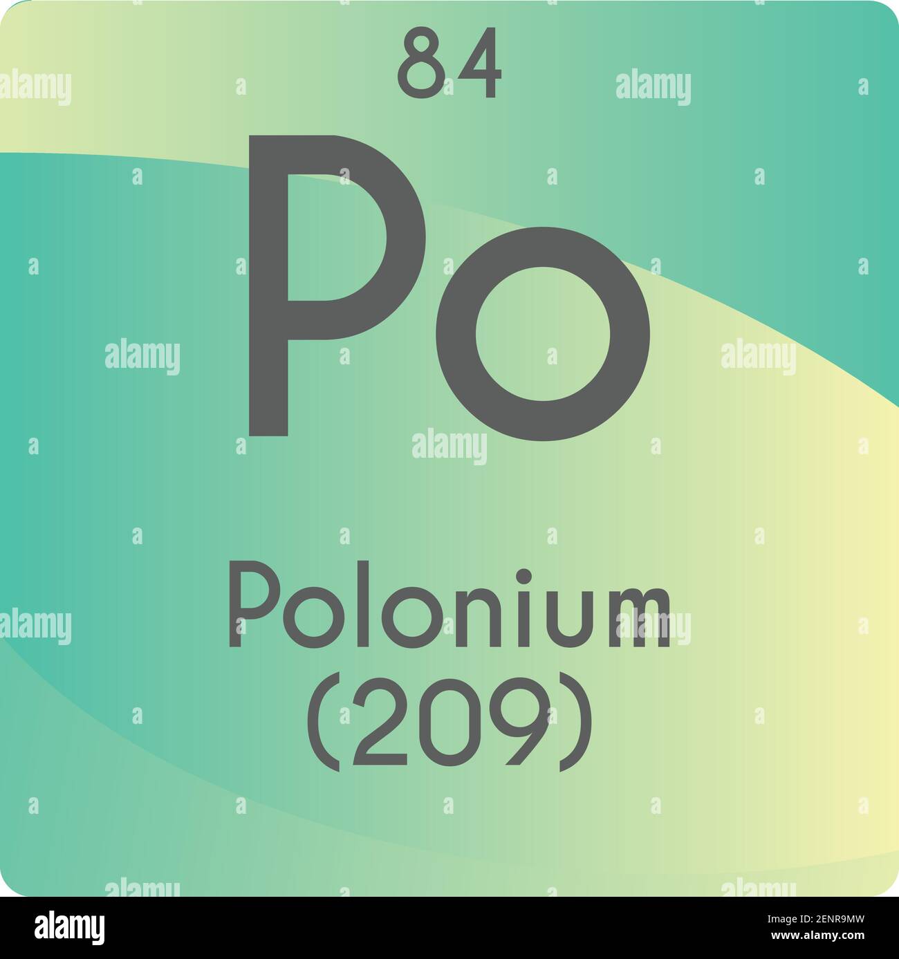 Po Polonio Post transizione metallo elemento chimico diagramma vettoriale, con numero atomico e massa. Design piatto a gradiente semplice per l'istruzione Illustrazione Vettoriale