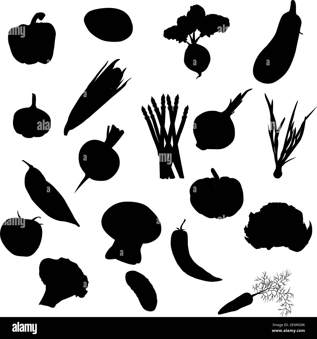 Le icone delle verdure vettoriali impostano la silhouette nera isolata su uno sfondo bianco. Illustrazione Vettoriale