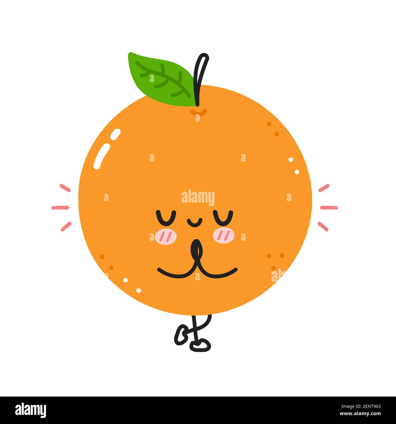 Simpatico simpatico arancio meditare in posa yoga. Icona di illustrazione del carattere kawaii della cartoon vettoriale a linea piatta. Isolato su sfondo bianco. Concetto di carattere di workout di frutta arancione Illustrazione Vettoriale