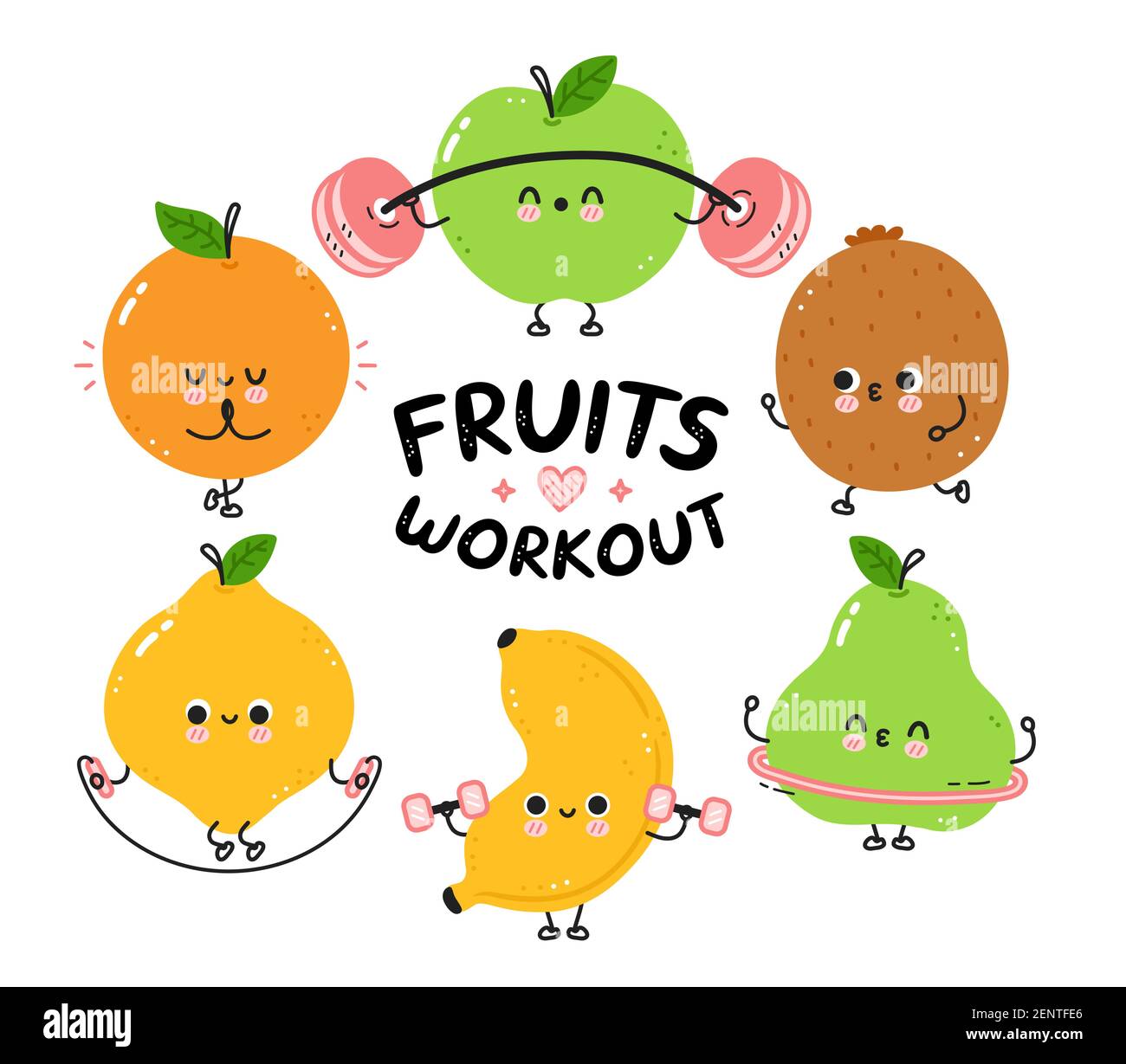 Carino frutta divertente fare la collezione di set palestra. Icona di illustrazione del carattere kawaii della cartoon vettoriale a linea piatta. Isolato su sfondo bianco. PEAR, limone, arancio, mela, kiwi, banana pacchetto di caratteri di allenamento Illustrazione Vettoriale