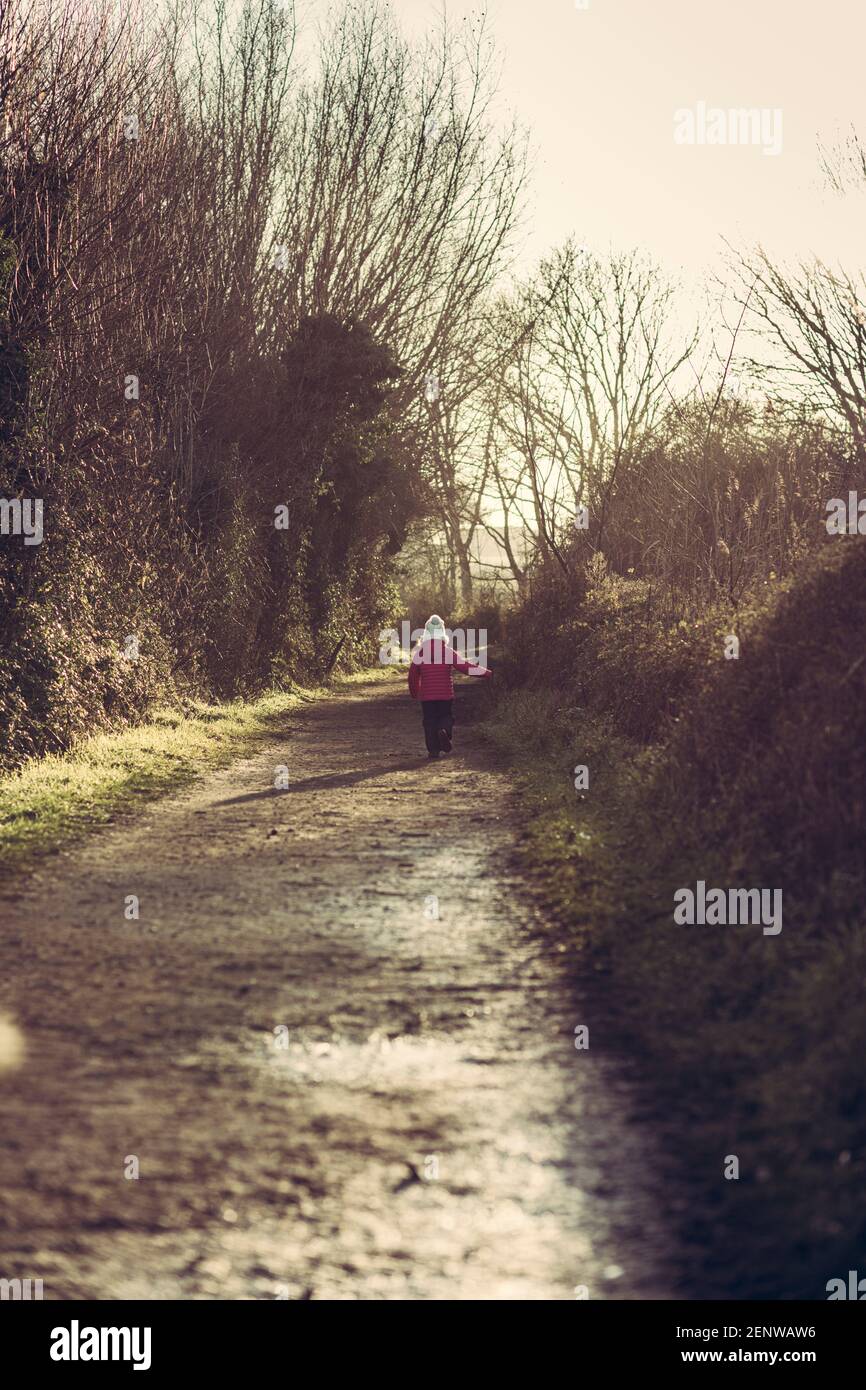 Bambina in camice rosa che cammina su un sentiero nei boschi, bambina che cammina via su un sentiero, esplorando i suoi dintorni Foto Stock