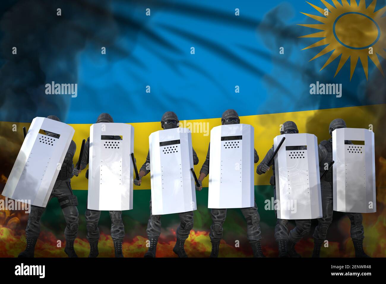Rwanda protesta arresto concetto, poliziotti proteggere lo stato contro la rivolta - militare 3D Illustrazione su sfondo bandiera Foto Stock