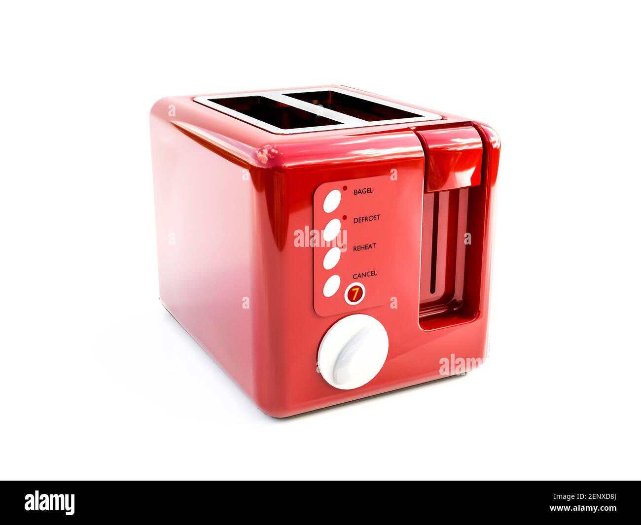 Rendering 3D del moderno tostapane rosso su sfondo bianco Foto Stock
