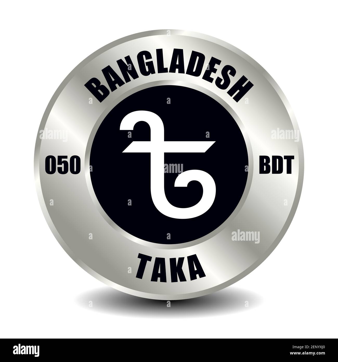 Icona del denaro del Bangladesh isolata su una moneta d'argento rotonda. Simbolo vettoriale della valuta con codice ISO internazionale e abbreviazione Illustrazione Vettoriale