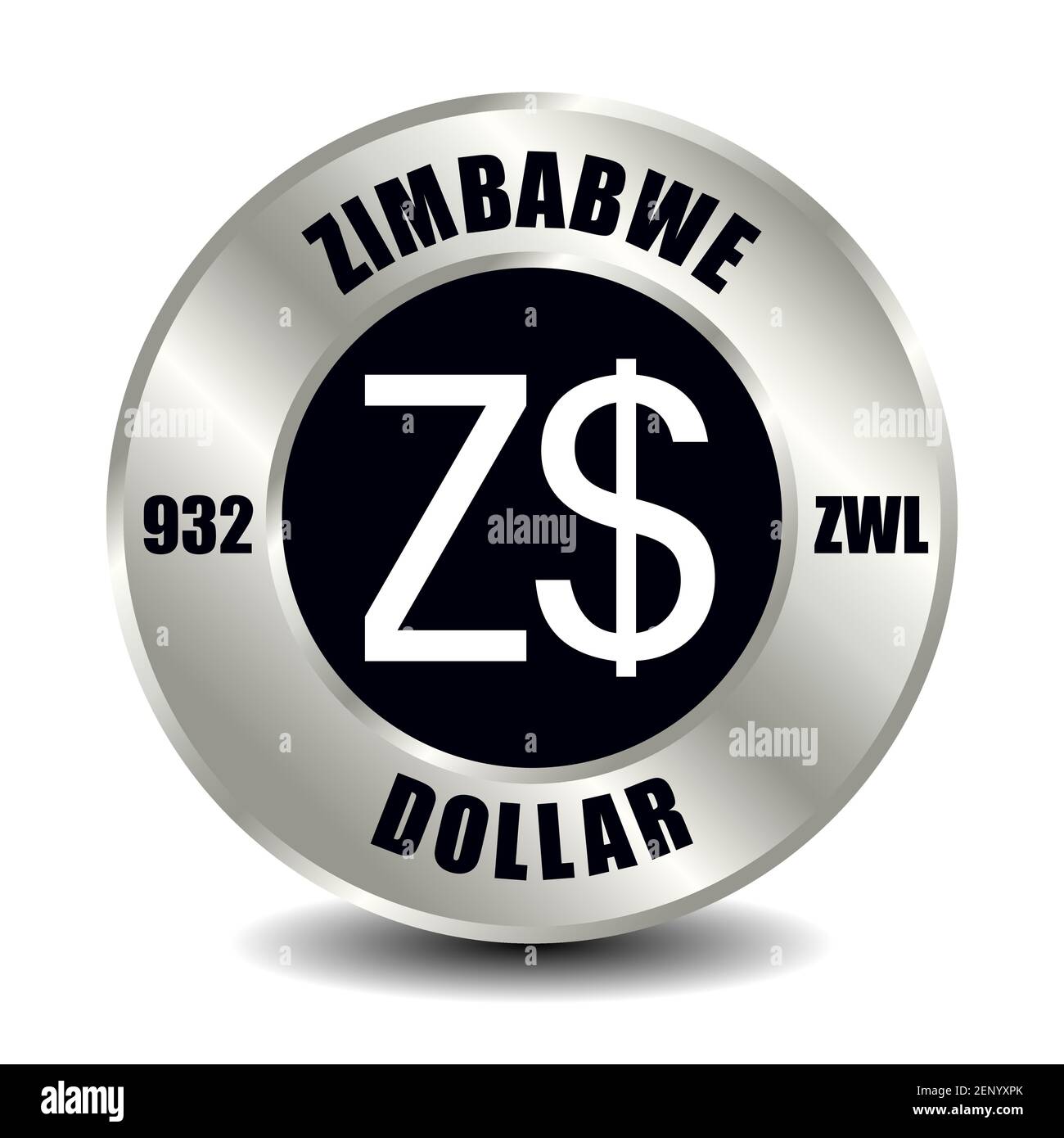 Icona del denaro dello Zimbabwe isolata su una moneta rotonda d'argento. Simbolo vettoriale della valuta con codice ISO internazionale e abbreviazione Illustrazione Vettoriale