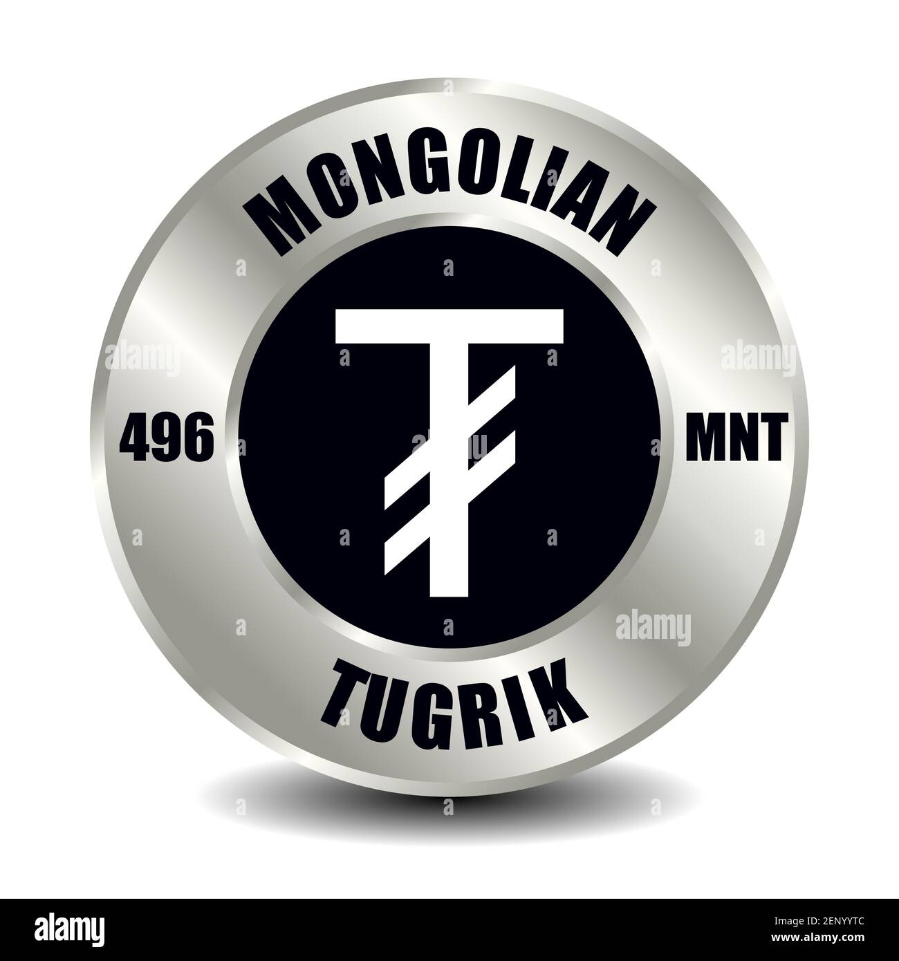 Mongolia icona del denaro isolata su moneta d'argento rotonda. Simbolo vettoriale della valuta con codice ISO internazionale e abbreviazione Illustrazione Vettoriale