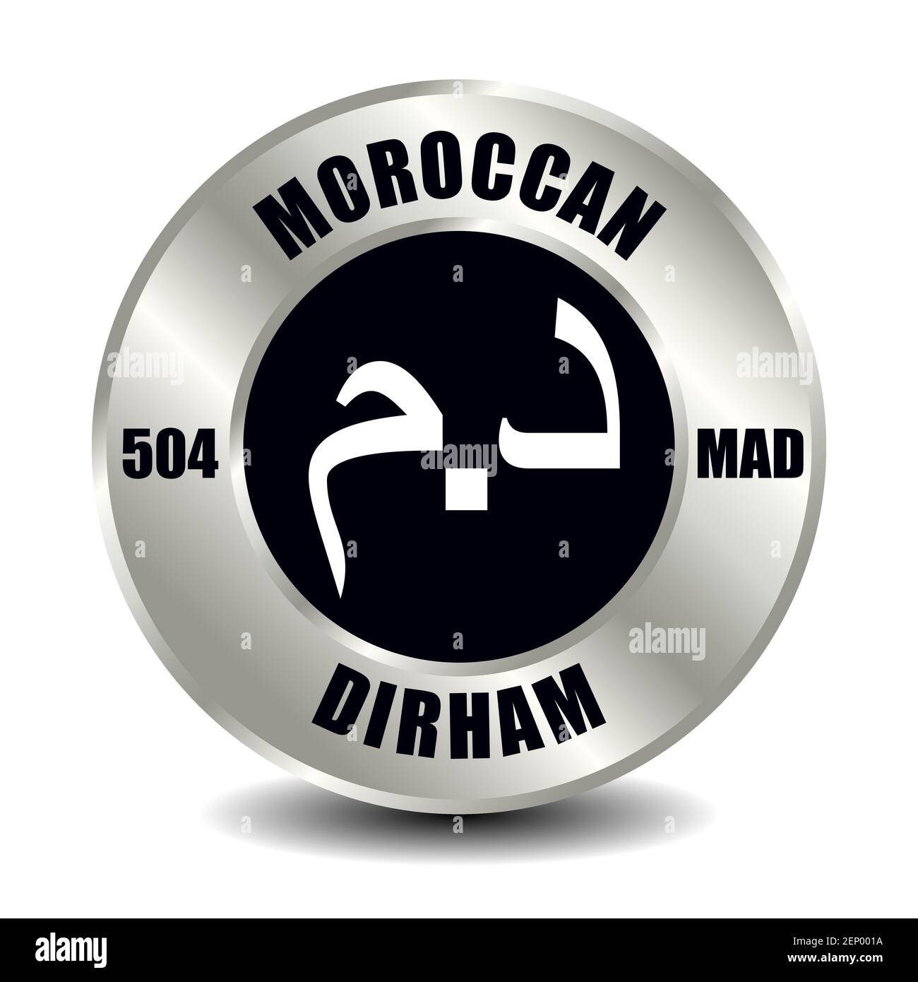 Marocco moneta icona isolato su moneta rotonda d'argento. Simbolo vettoriale della valuta con codice ISO internazionale e abbreviazione Illustrazione Vettoriale