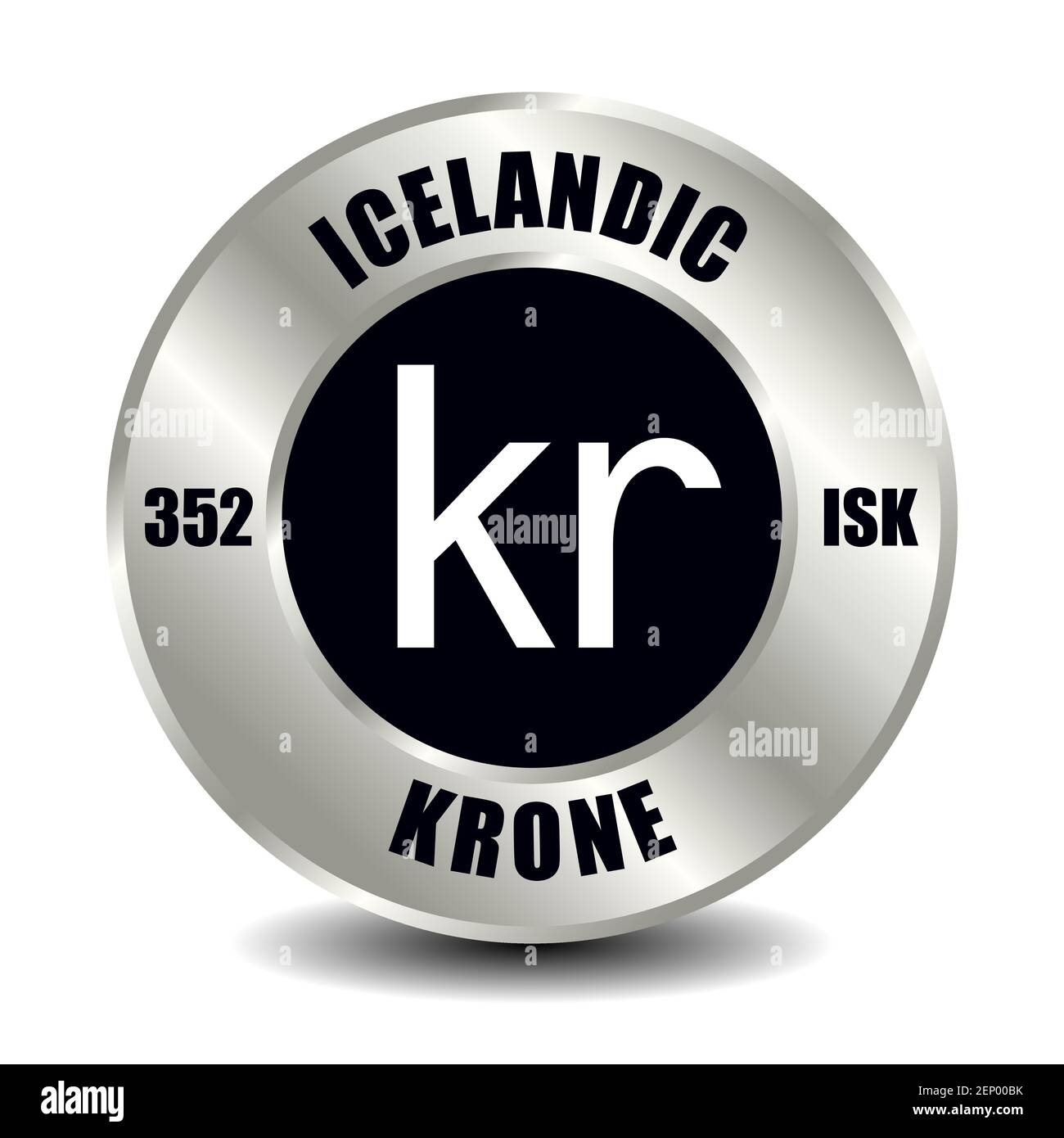 Islanda moneta icona isolato su moneta d'argento rotonda. Simbolo vettoriale della valuta con codice ISO internazionale e abbreviazione Illustrazione Vettoriale