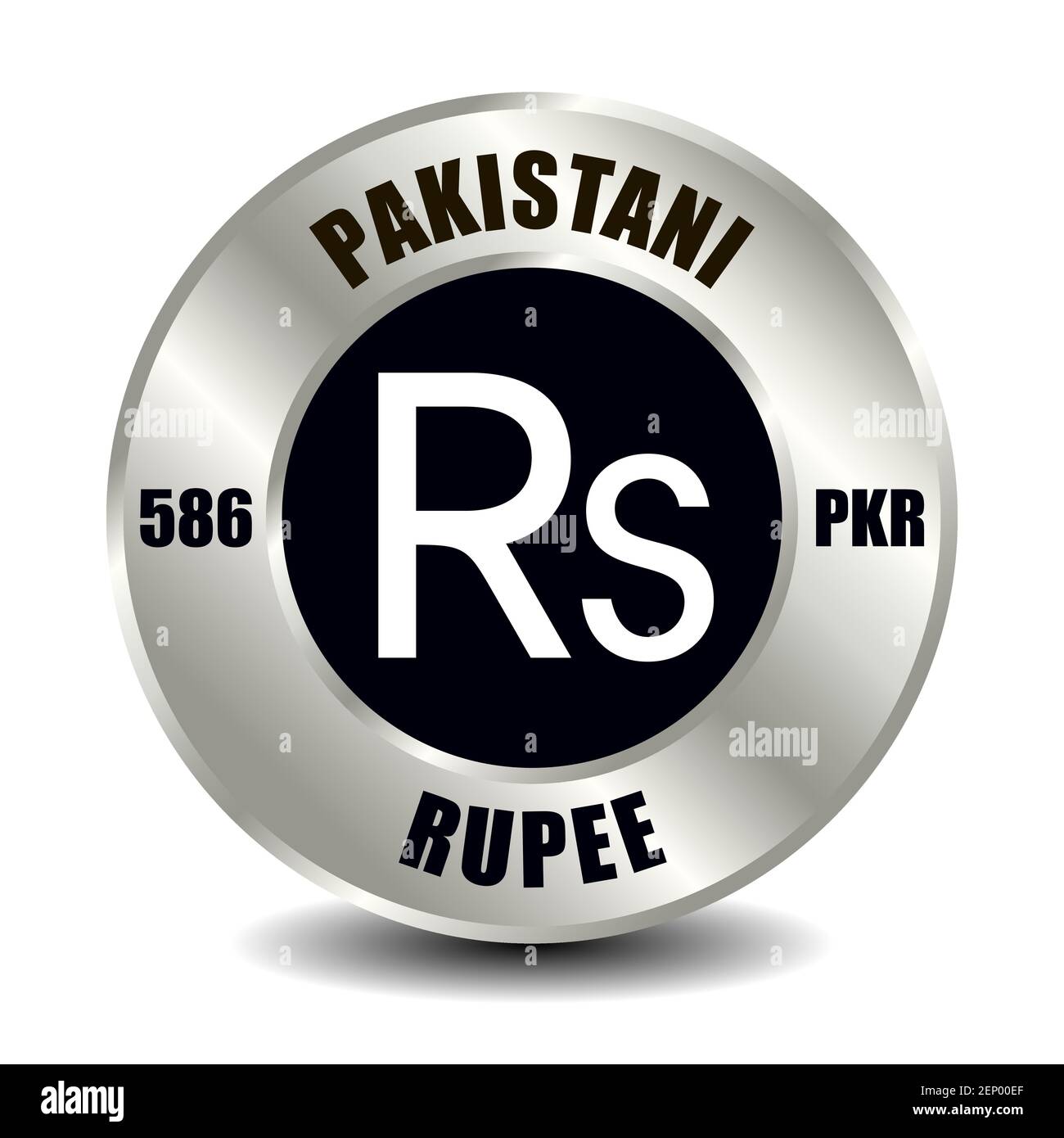 Icona di denaro del Pakistan isolata su moneta d'argento rotonda. Simbolo vettoriale della valuta con codice ISO internazionale e abbreviazione Illustrazione Vettoriale