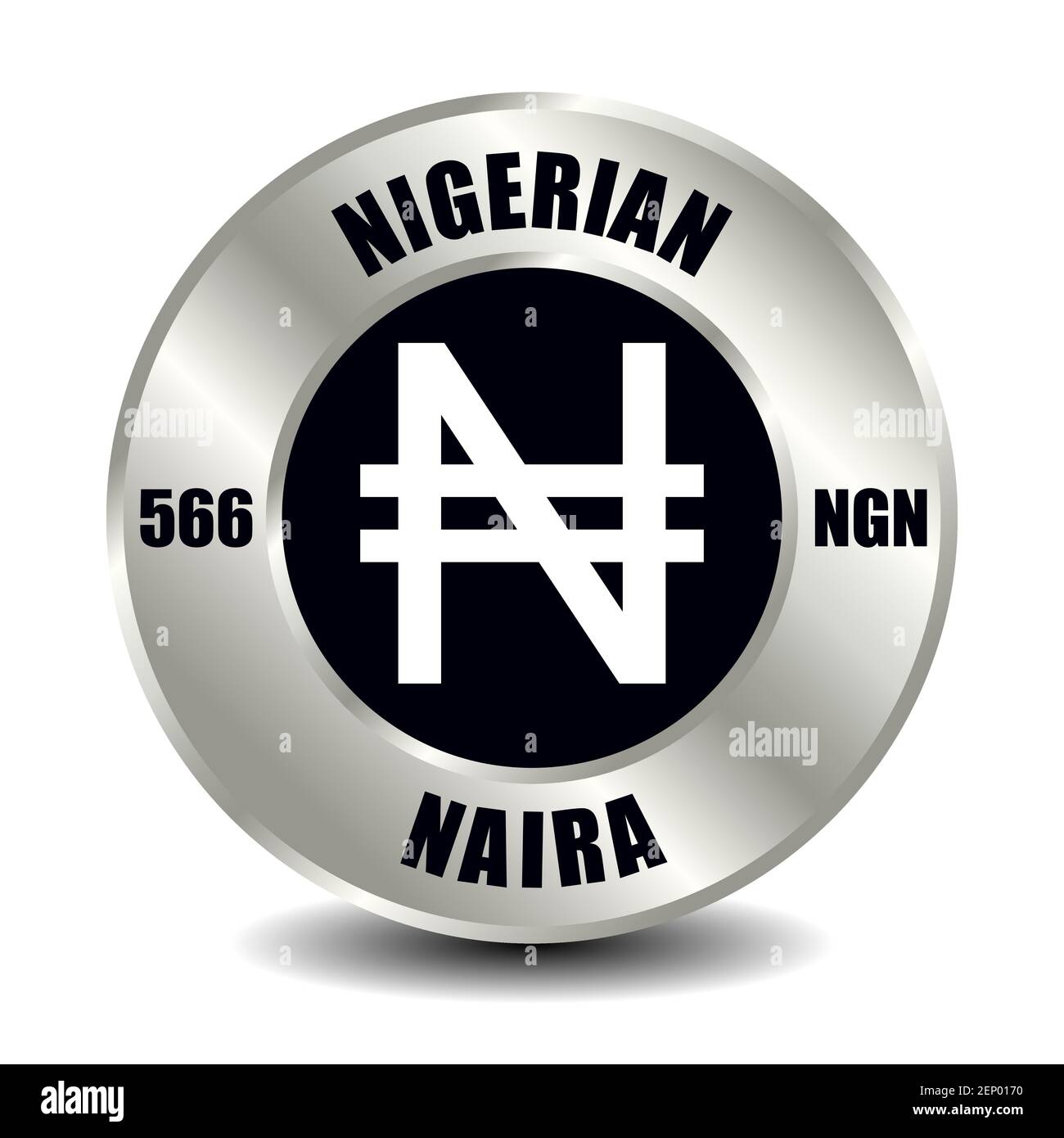 Icona del denaro della Nigeria isolata su una moneta d'argento rotonda. Simbolo vettoriale della valuta con codice ISO internazionale e abbreviazione Illustrazione Vettoriale