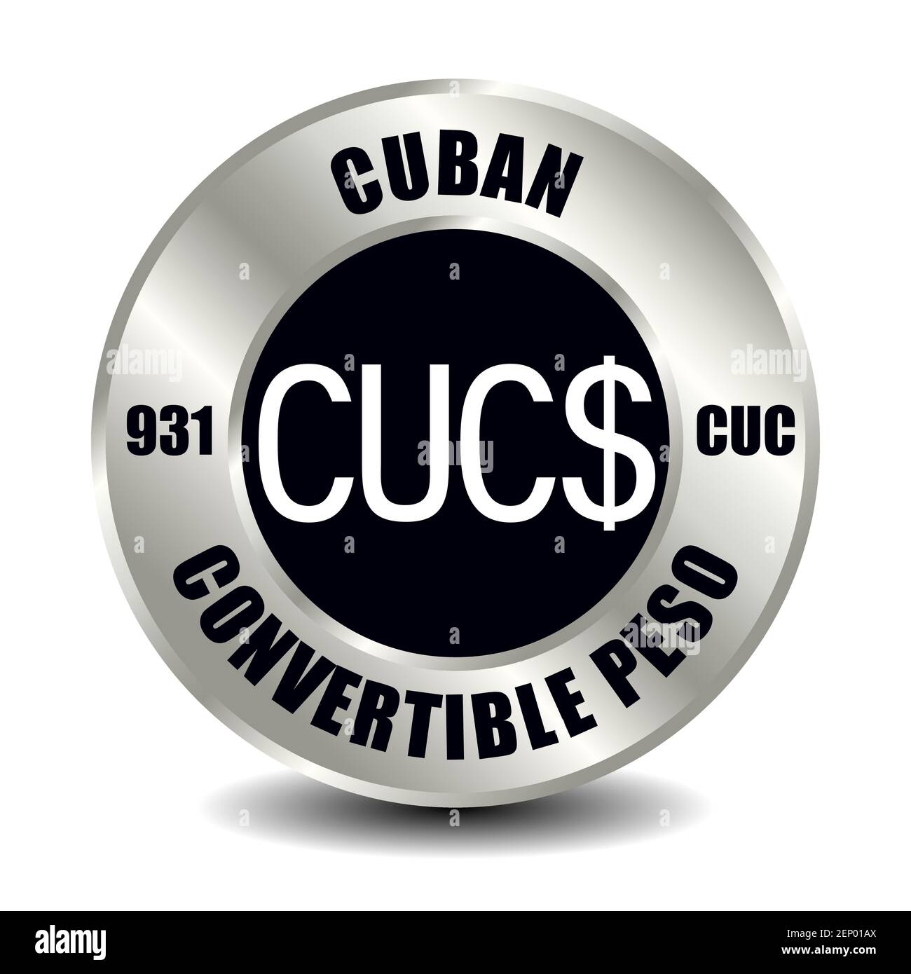 Cuba moneta icona isolato su moneta rotonda d'argento. Simbolo vettoriale della valuta con codice ISO internazionale e abbreviazione Illustrazione Vettoriale