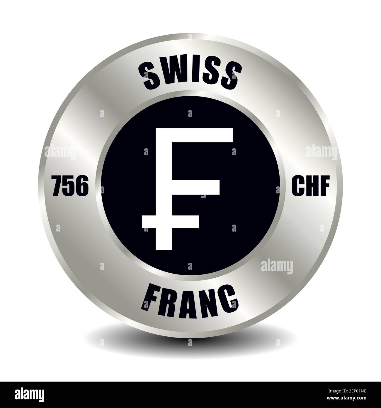 Icona del denaro della Svizzera isolata su moneta d'argento rotonda. Simbolo vettoriale della valuta con codice ISO internazionale e abbreviazione Illustrazione Vettoriale