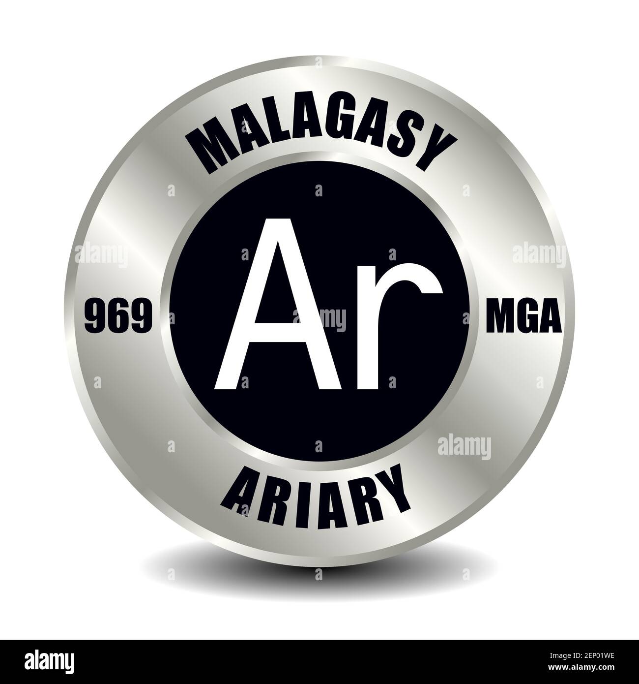 Icona del denaro malgascio isolata su moneta d'argento rotonda. Simbolo vettoriale della valuta con codice ISO internazionale e abbreviazione Illustrazione Vettoriale