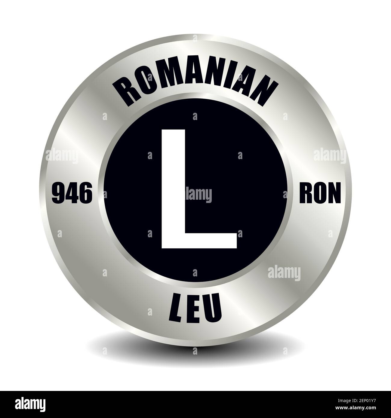 Romania moneta icona isolato su moneta rotonda d'argento. Simbolo vettoriale della valuta con codice ISO internazionale e abbreviazione Illustrazione Vettoriale