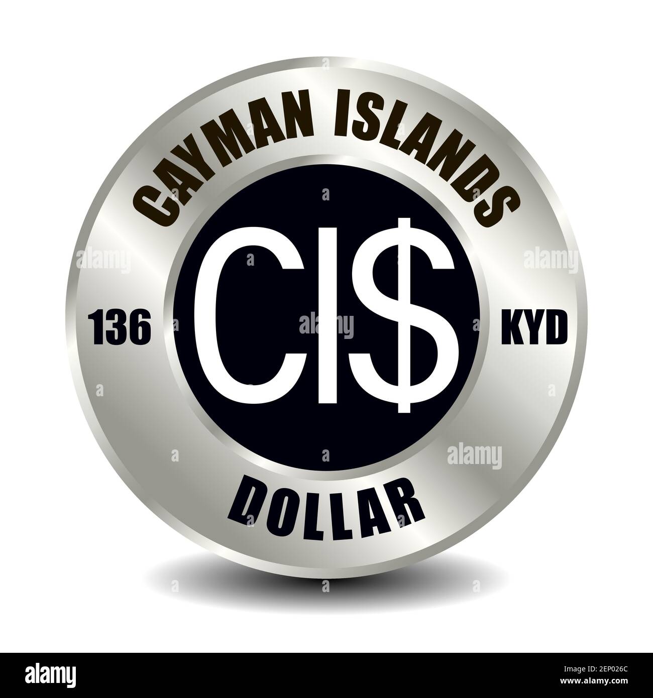 Isole Cayman icona denaro isolato su moneta rotonda d'argento. Simbolo vettoriale della valuta con codice ISO internazionale e abbreviazione Illustrazione Vettoriale