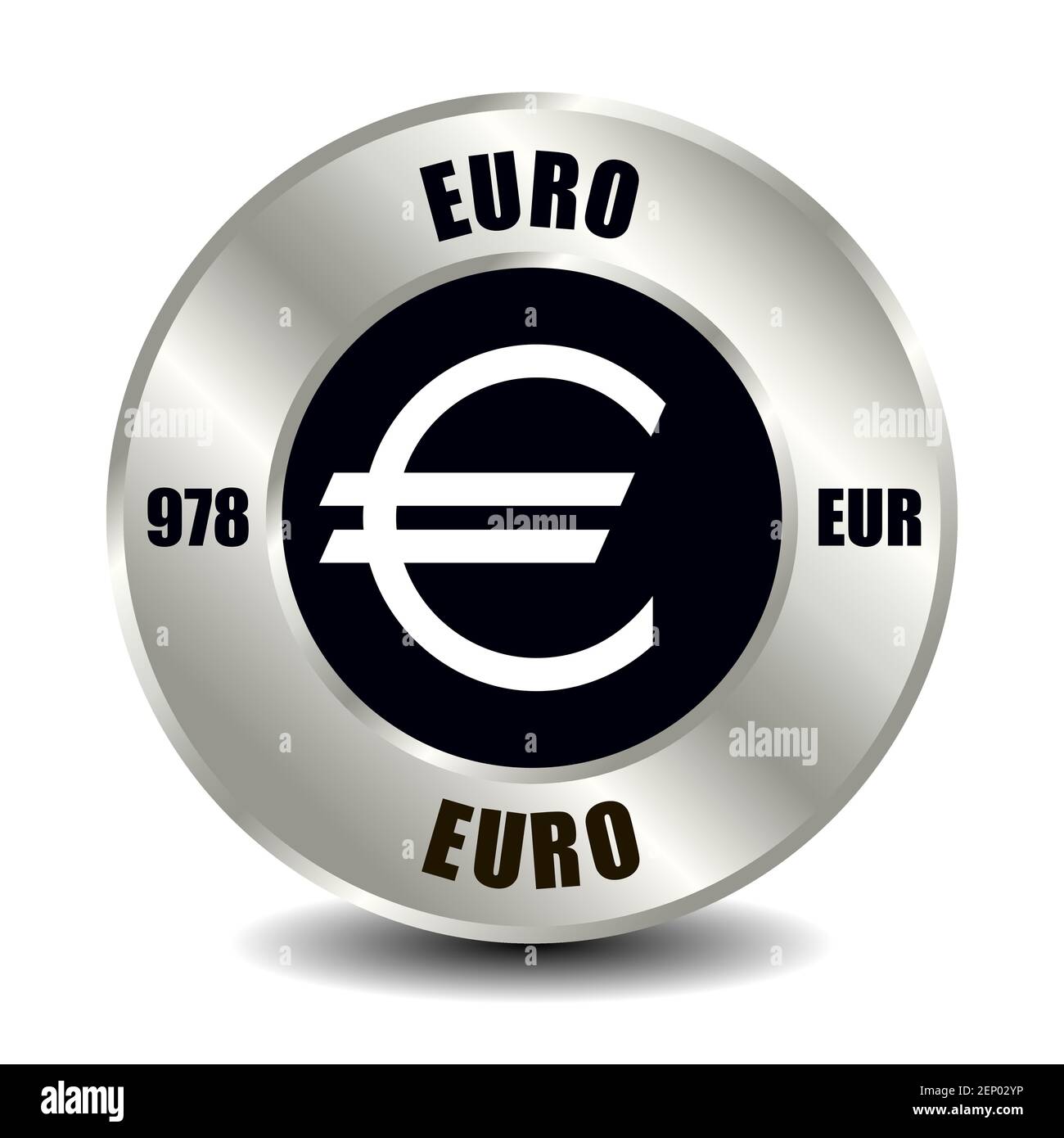 Europa moneta icona isolato su moneta d'argento rotonda. Simbolo vettoriale della valuta con codice ISO internazionale e abbreviazione Illustrazione Vettoriale
