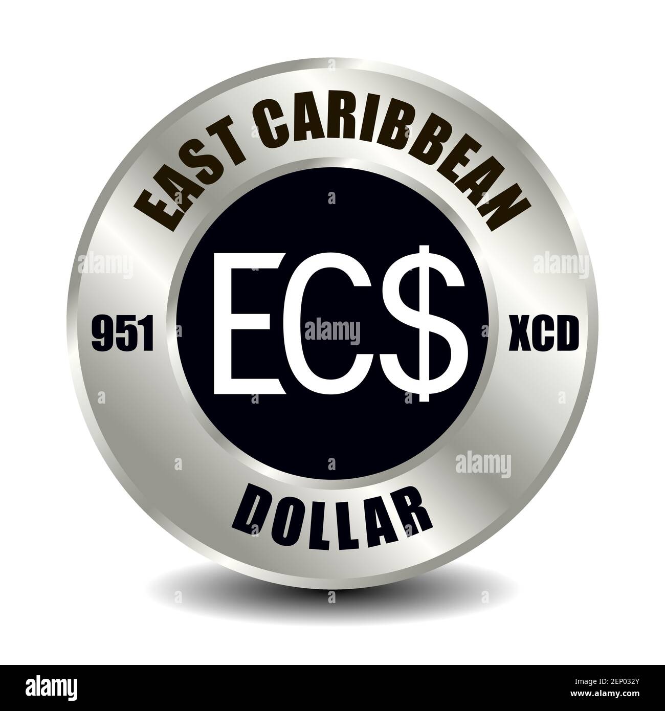 Icona del denaro dei Caraibi orientali isolata su una moneta rotonda d'argento. Simbolo vettoriale della valuta con codice ISO internazionale e abbreviazione Illustrazione Vettoriale