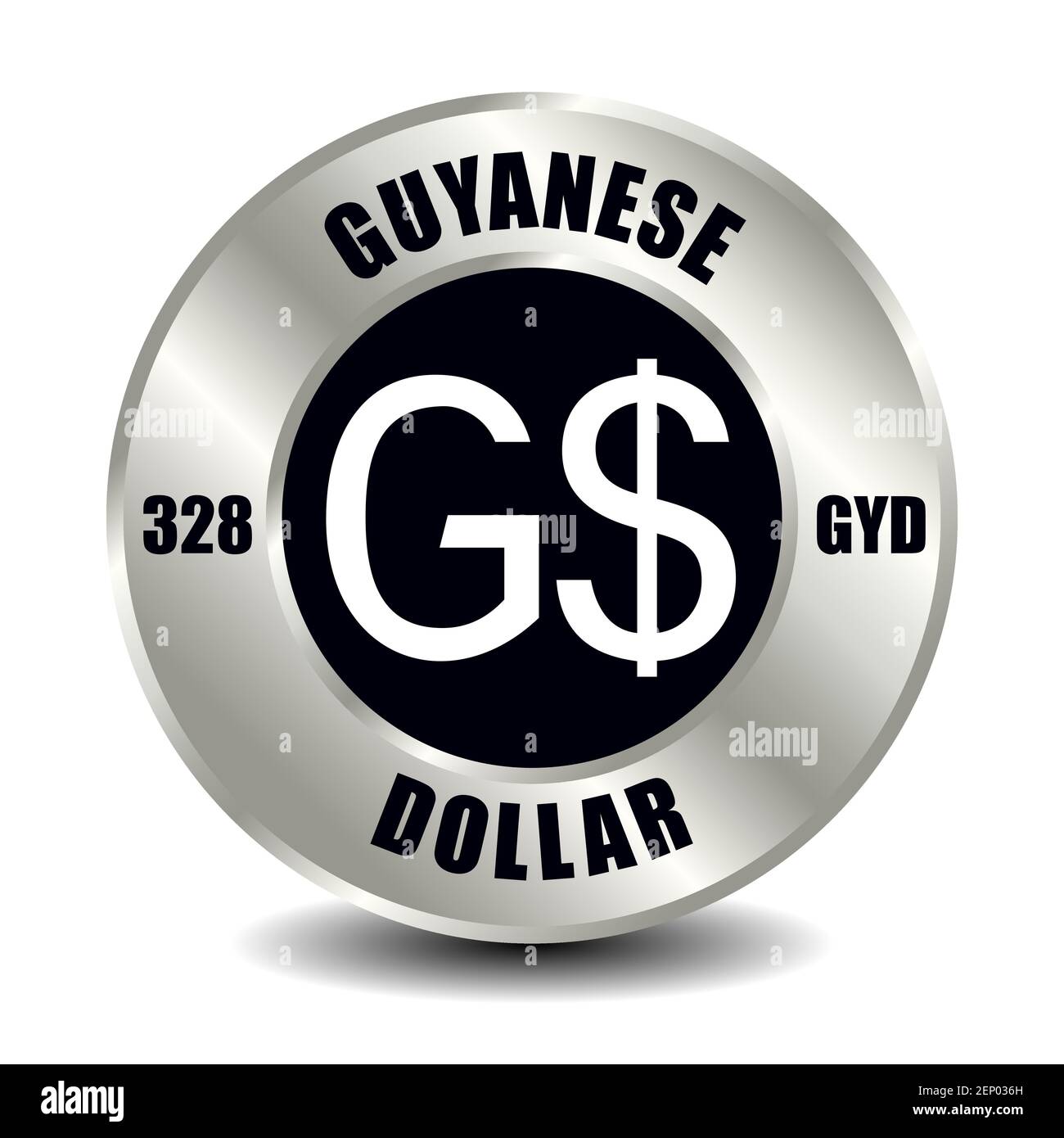 Icona del denaro della Guyana isolata su una moneta rotonda d'argento. Simbolo vettoriale della valuta con codice ISO internazionale e abbreviazione Illustrazione Vettoriale